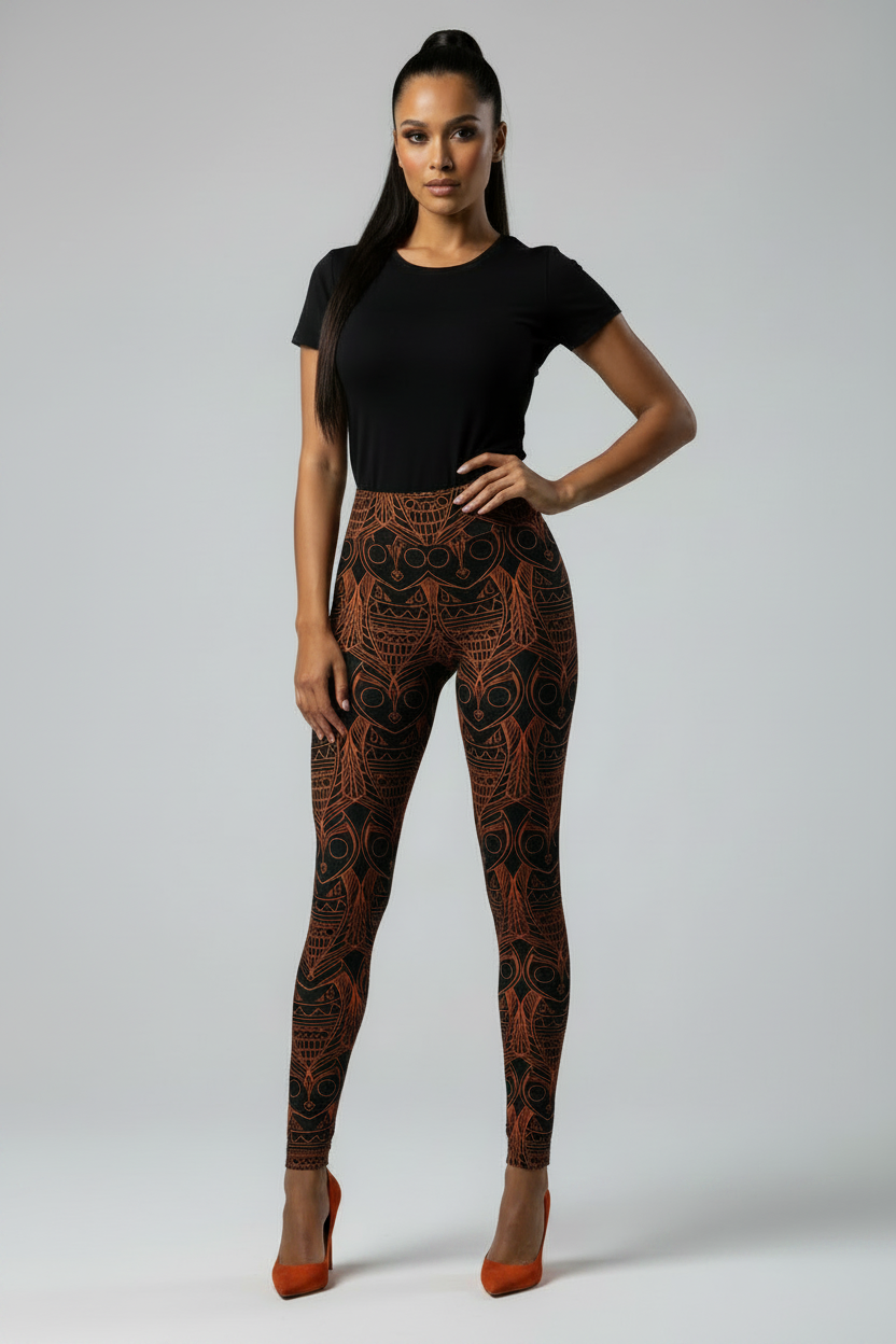 Woman wearing black top and patterned leggings on a gray background