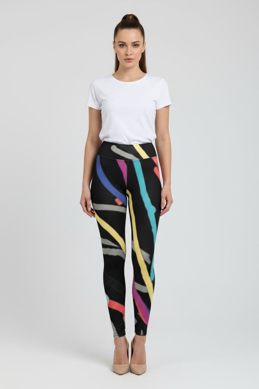 Woman wearing a white t-shirt and colorful leggings on a white background