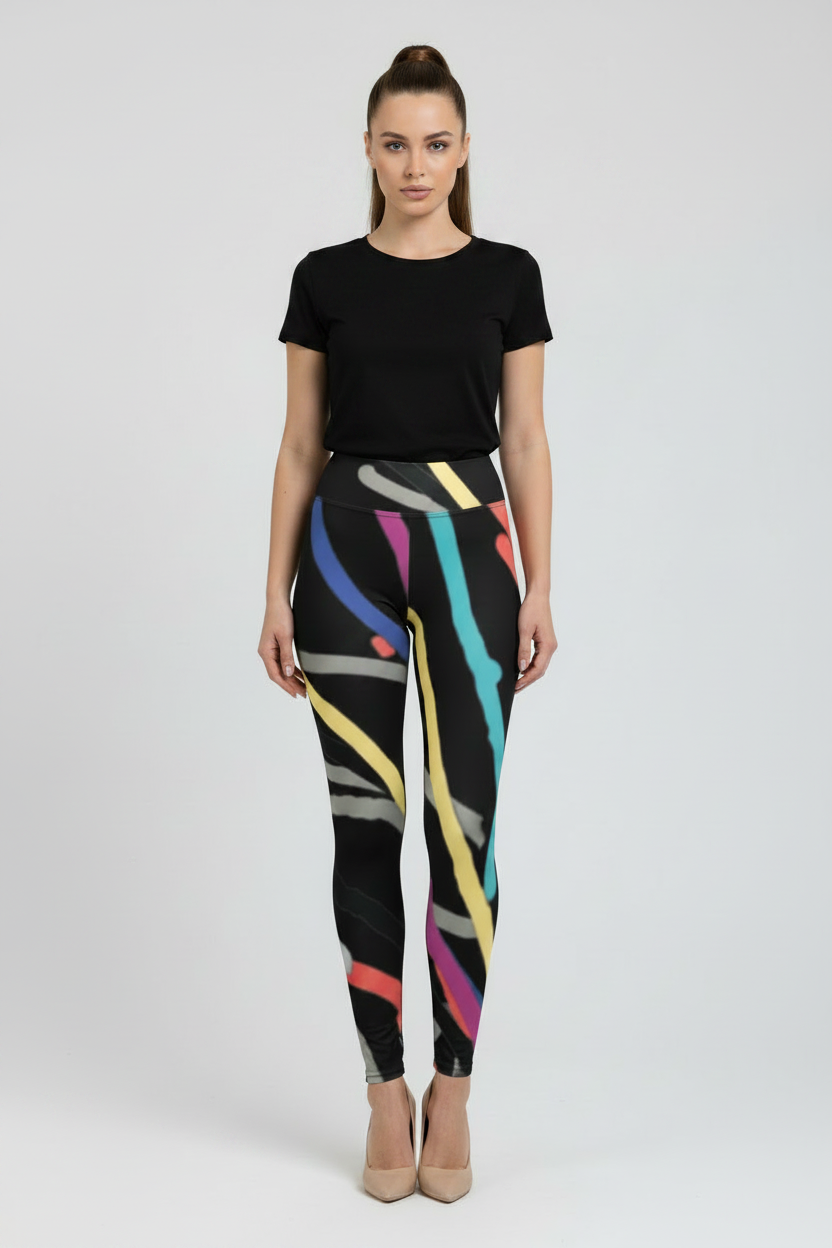 Woman wearing black t-shirt and colorful leggings on a white background