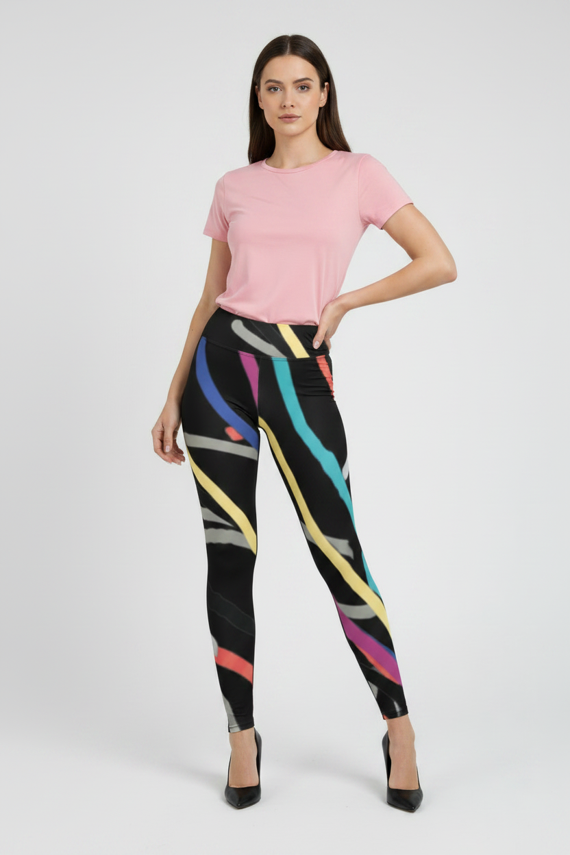 Woman wearing a pink top and colorful leggings on a white background