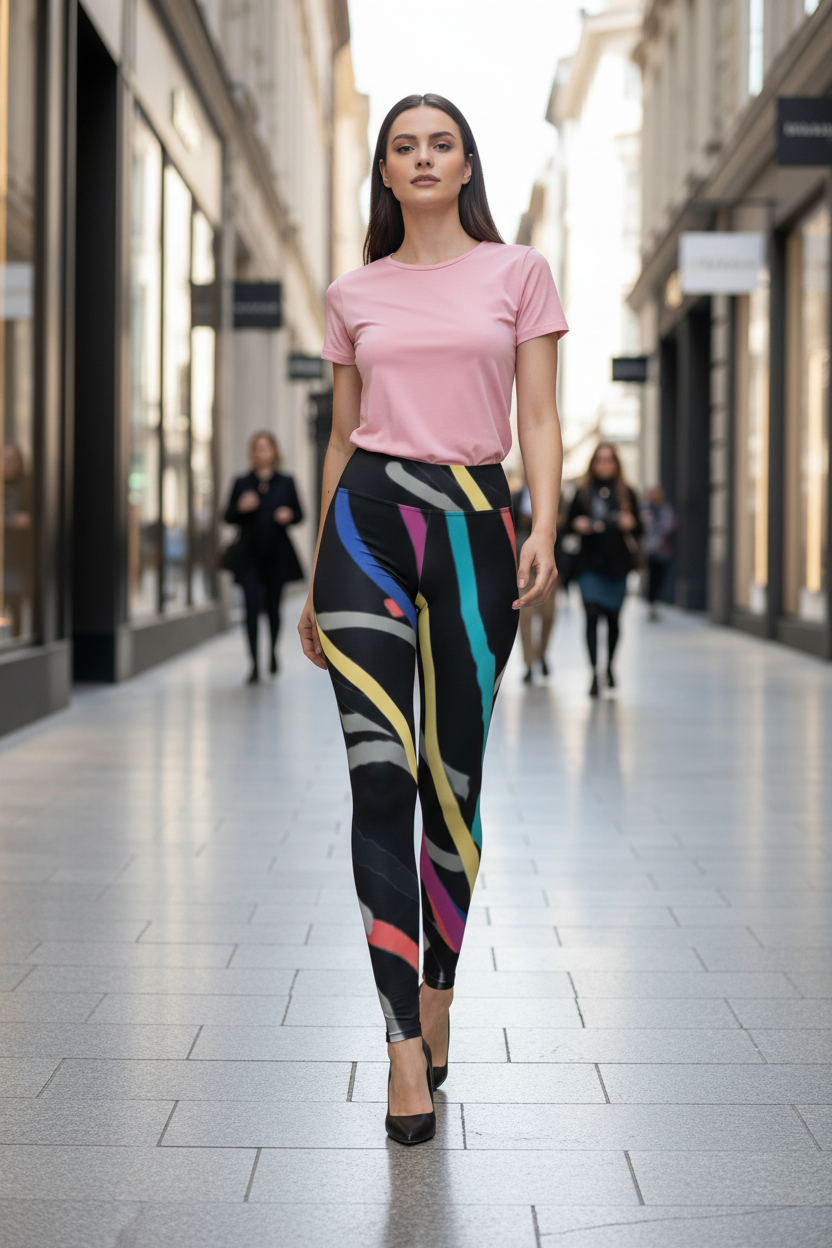 Woman wearing a pink top and colorful leggings walking in a shopping mall.