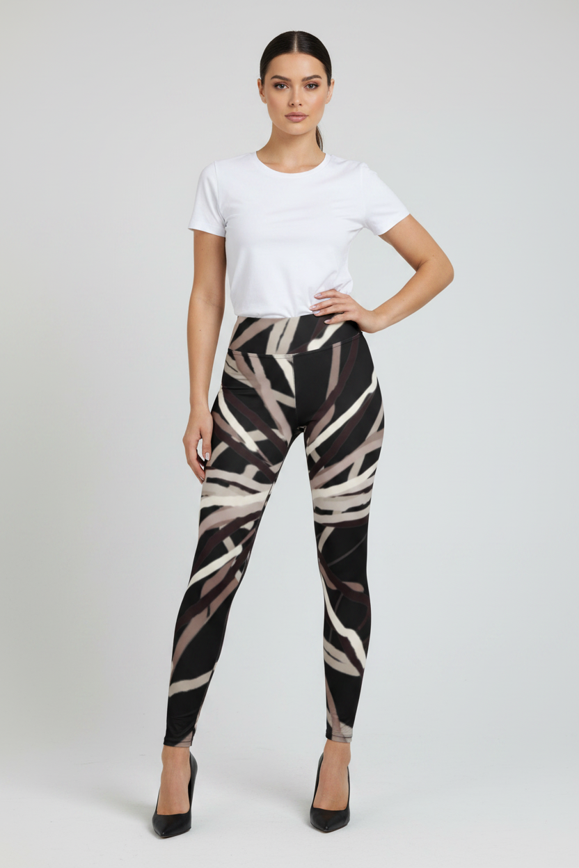 Woman wearing a white t-shirt and patterned leggings on a plain background