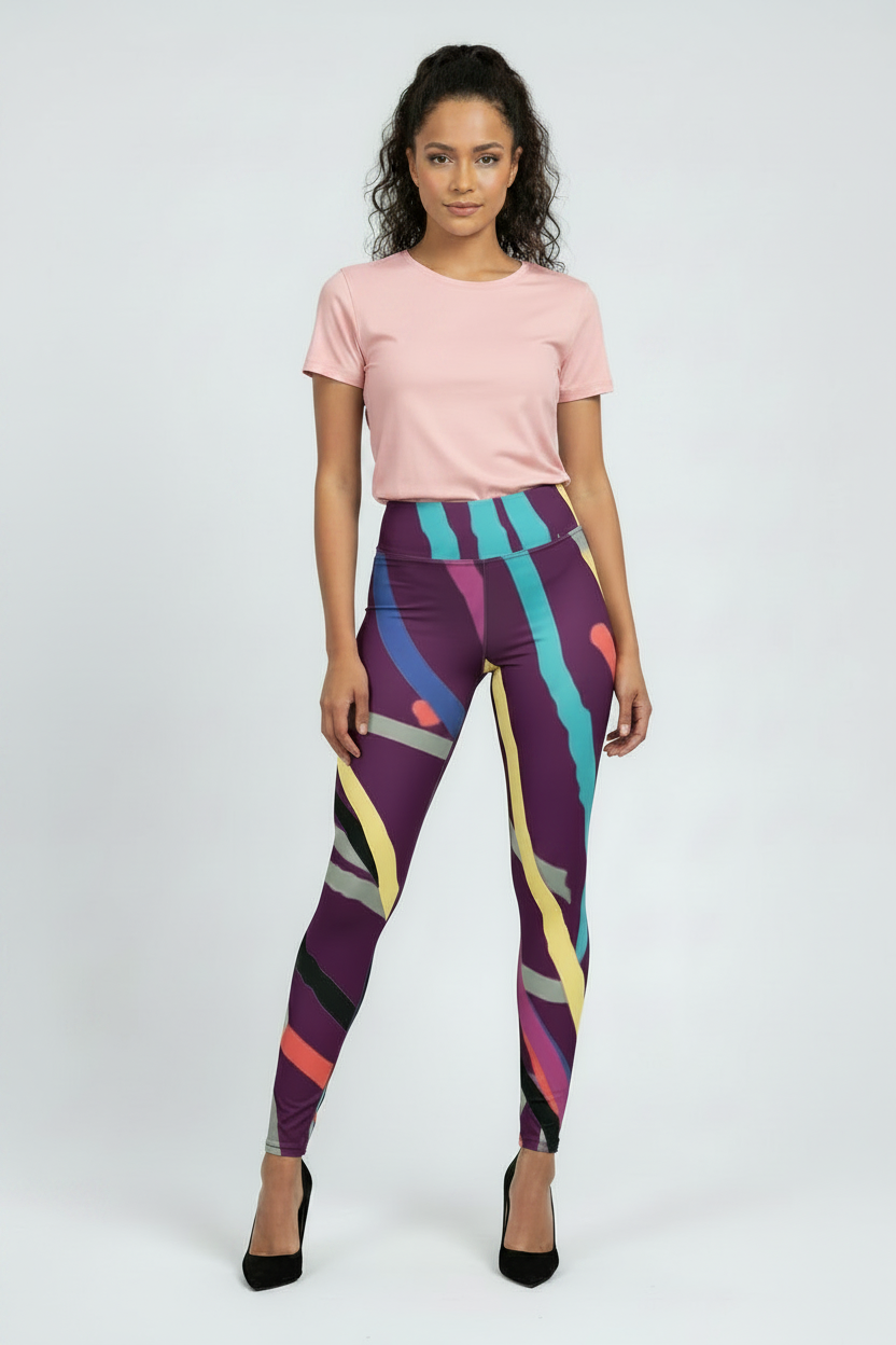 Woman wearing a pink t-shirt and colorful patterned leggings on a white background
