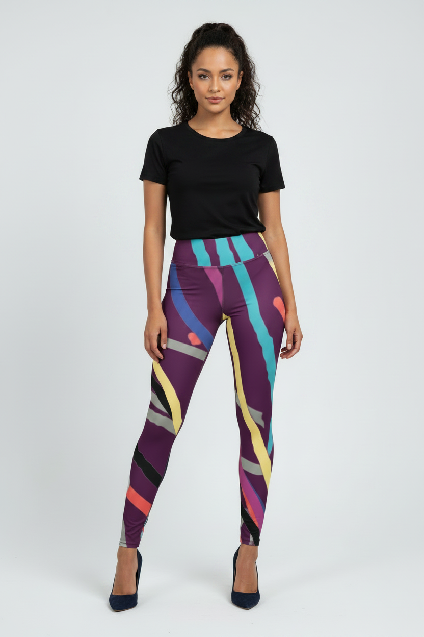 Woman wearing colorful patterned leggings with a black top on a white background