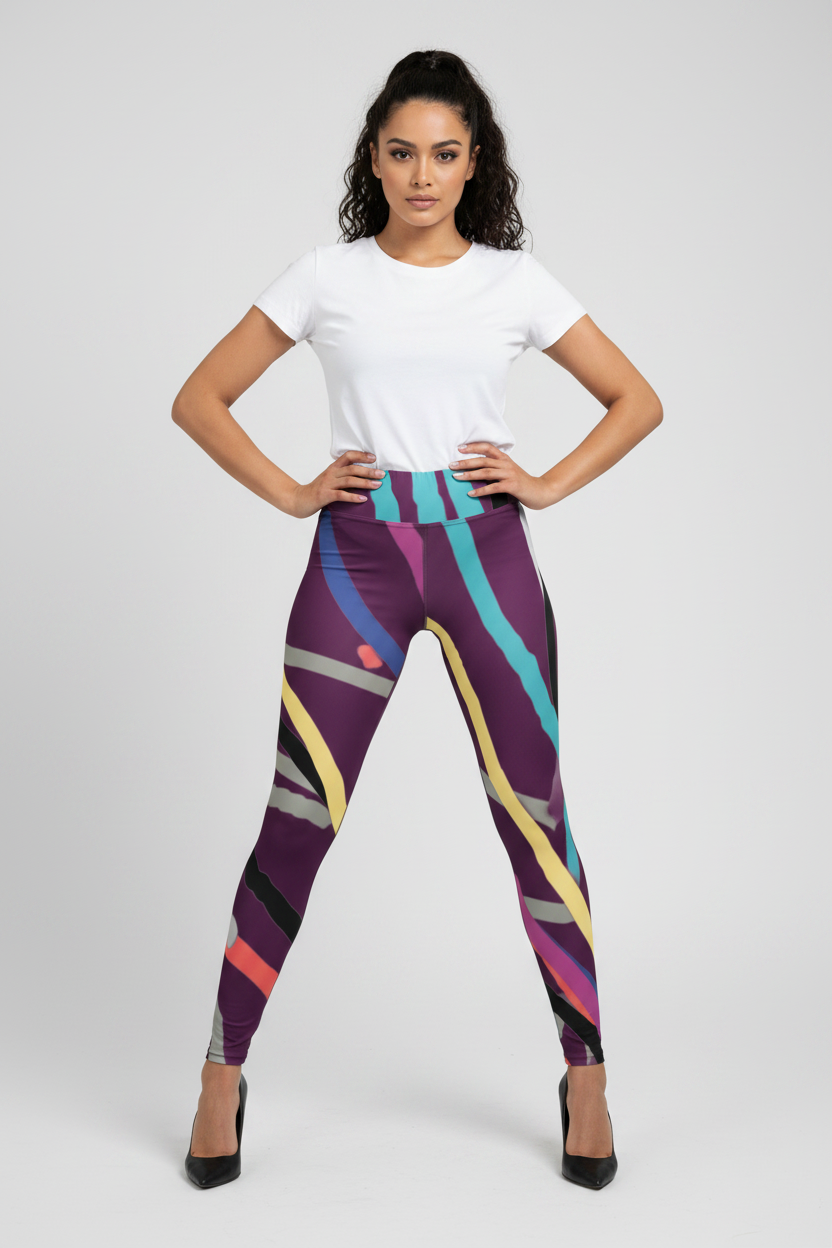 Woman wearing a white t-shirt and colorful leggings on a plain background