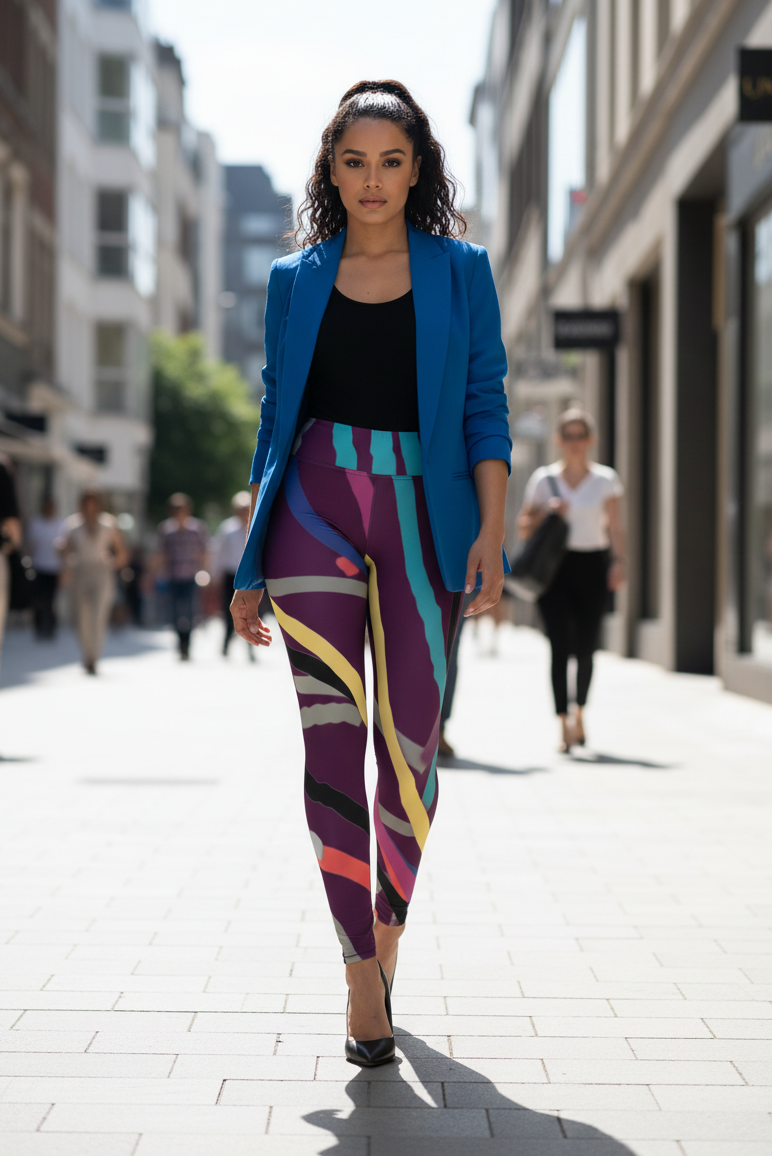 A woman walking down a city street wearing a bright blue blazer, a black top, and colorful abstract-print leggings in purple, teal, yellow, and pink.