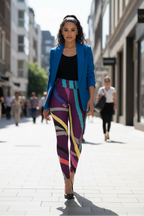 A woman walking down a city street wearing a bright blue blazer, a black top, and colorful abstract-print leggings in purple, teal, yellow, and pink.