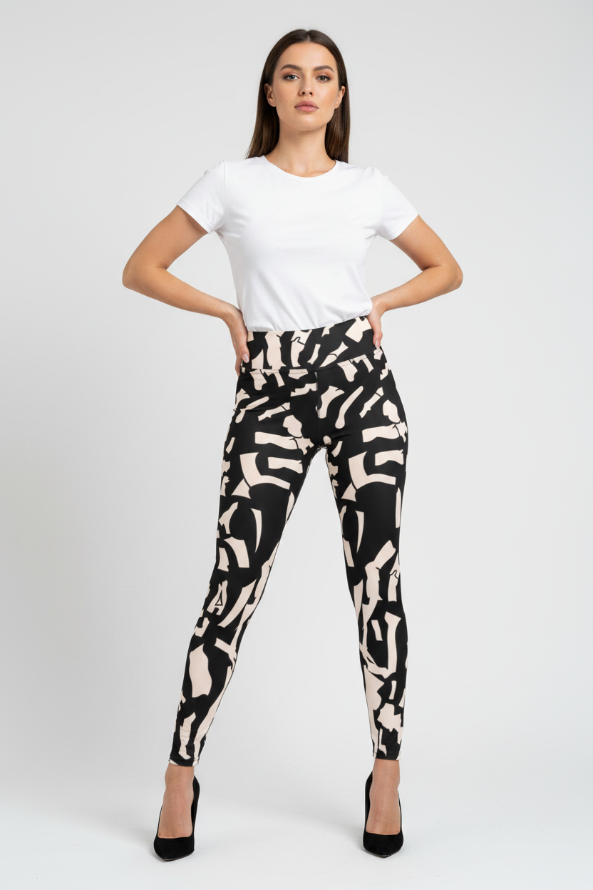Woman wearing a white t-shirt and black and white patterned pants on a white background