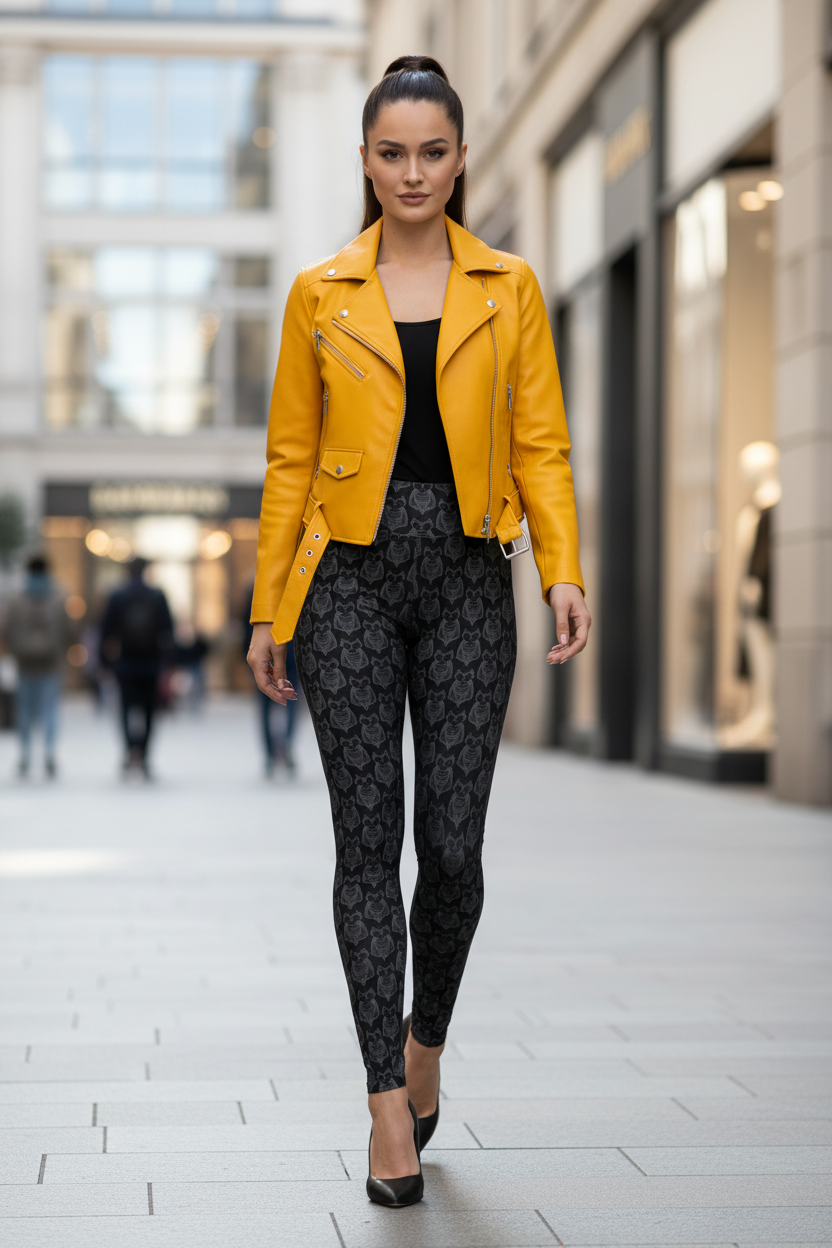 A woman walking down a city street wearing a bright yellow moto jacket over a black top and black patterned leggings.