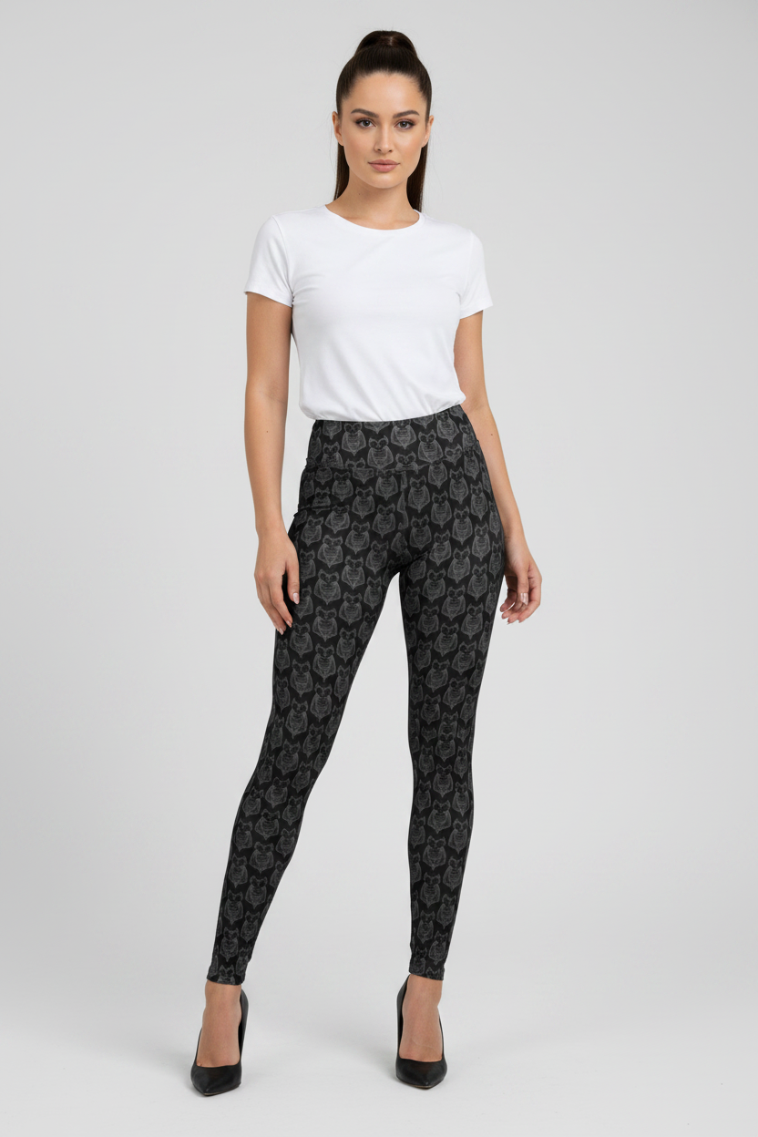 Woman wearing a white t-shirt and black patterned leggings on a gray background