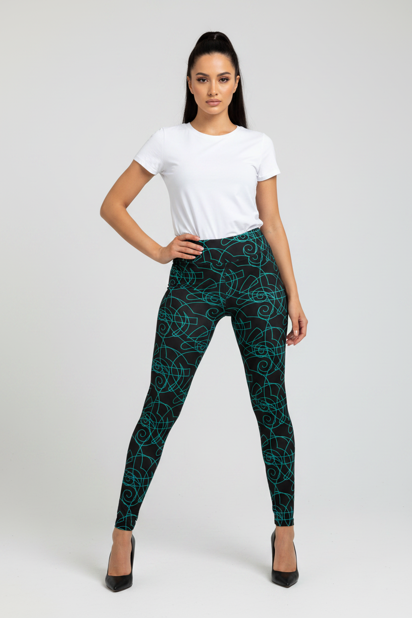 Woman wearing a white t-shirt and patterned leggings on a plain background