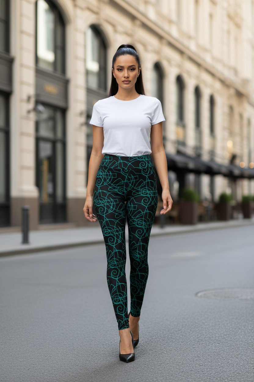 vibrant green abstract line pattern, paired with a black short-sleeve t-shirt and black heels, street walking