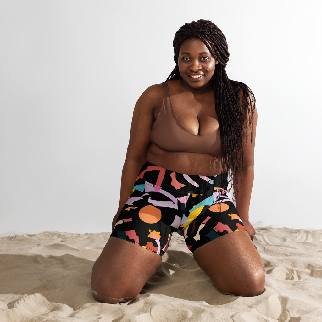 Artistic graphic print yoga shorts moisture-wicking high performance