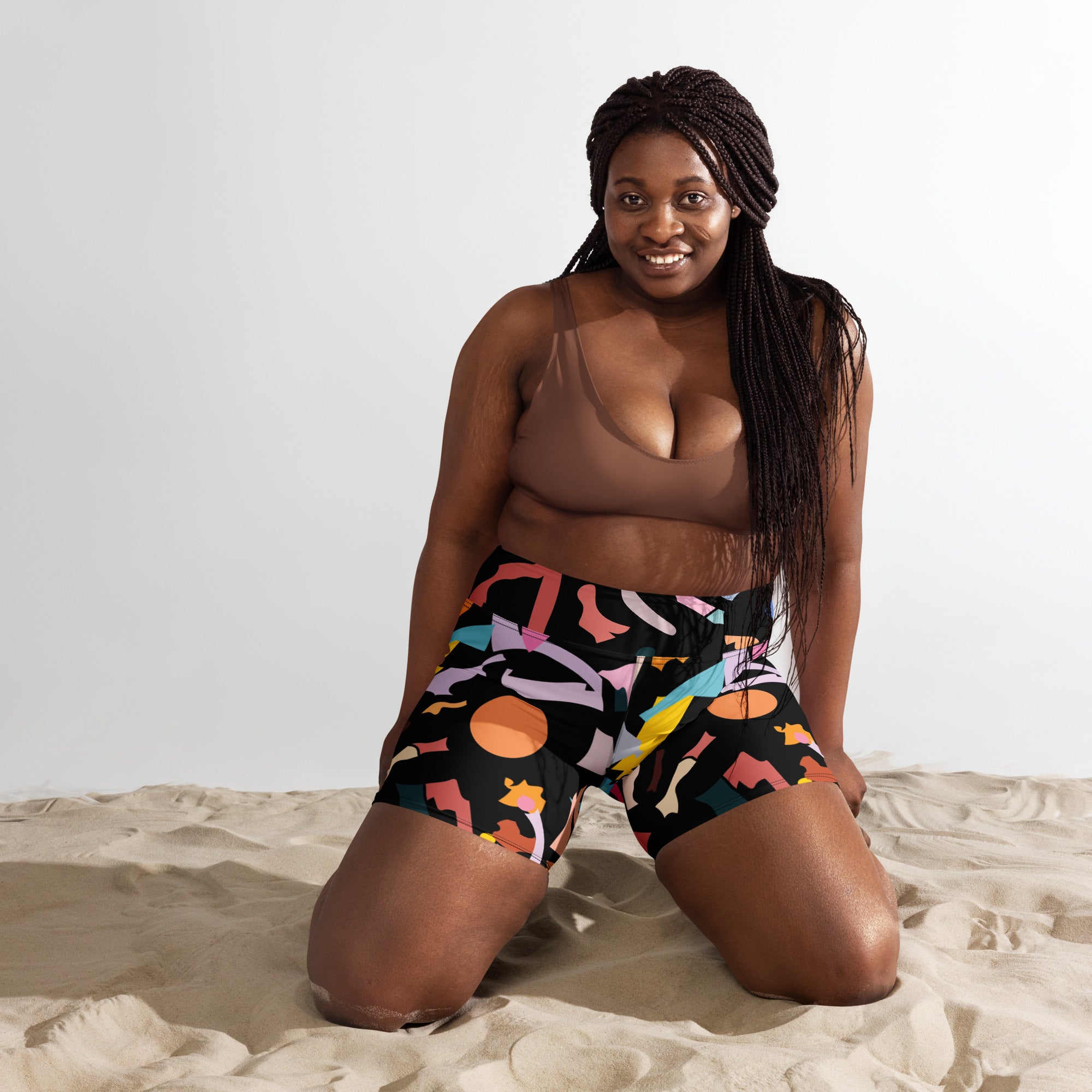 Artistic graphic print yoga shorts moisture-wicking high performance