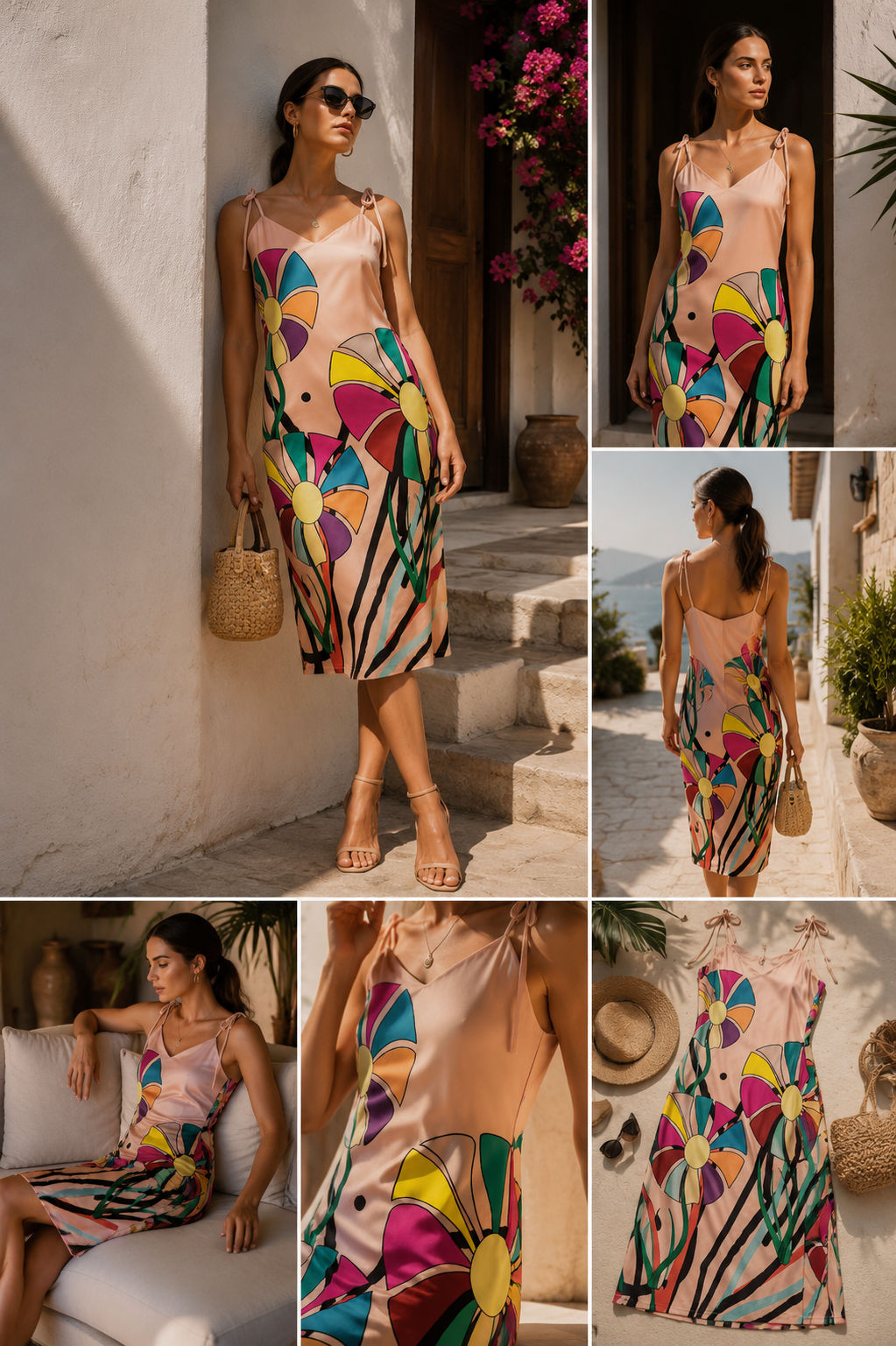 A collage of six images showcasing a model wearing an APPARELHUE maxi slip dress made from smooth peach satin with a vibrant, colourful floral art print. The model is pictured posing on a sunlit, Mediterranean-style stone terrace overlooking the sea, highlighting the dress from the front, back, and in a seated position. Close-up shots display the fine fabric details, the flowing skirt movement, and a flat lay of the dress alongside summer accessories.