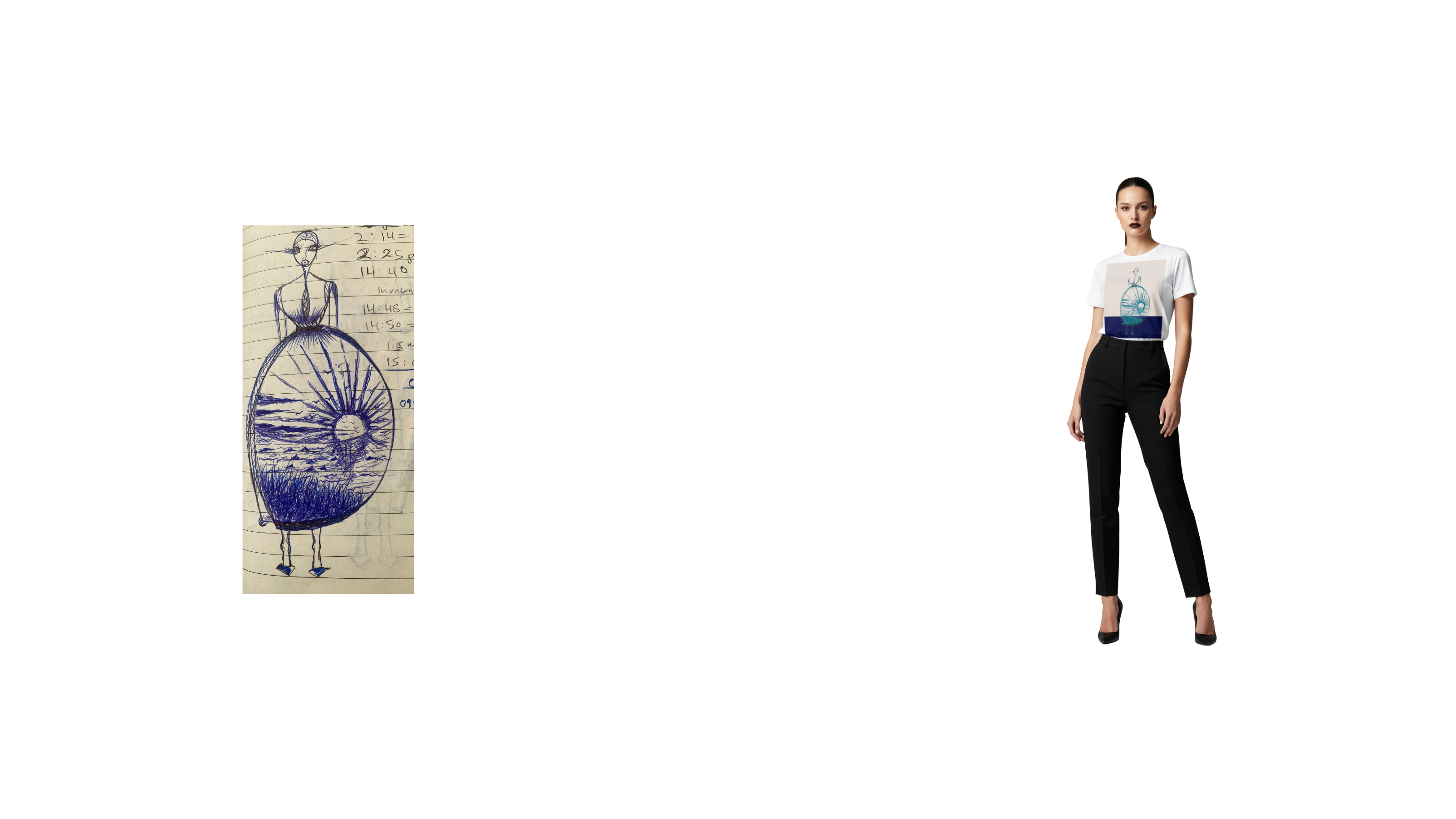 A model on a plain white background wearing a white graphic T-shirt with a blue and green illustration and black high-waisted trousers. A separate small sketch-style graphic appears on the left side of the frame. Hand-drawn fashion sketch in a notebook alongside a model wearing an Apparelhue white t-shirt printed with a contemporary sketch graphic.