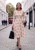 Woman in a patterned dress walking down a city street.