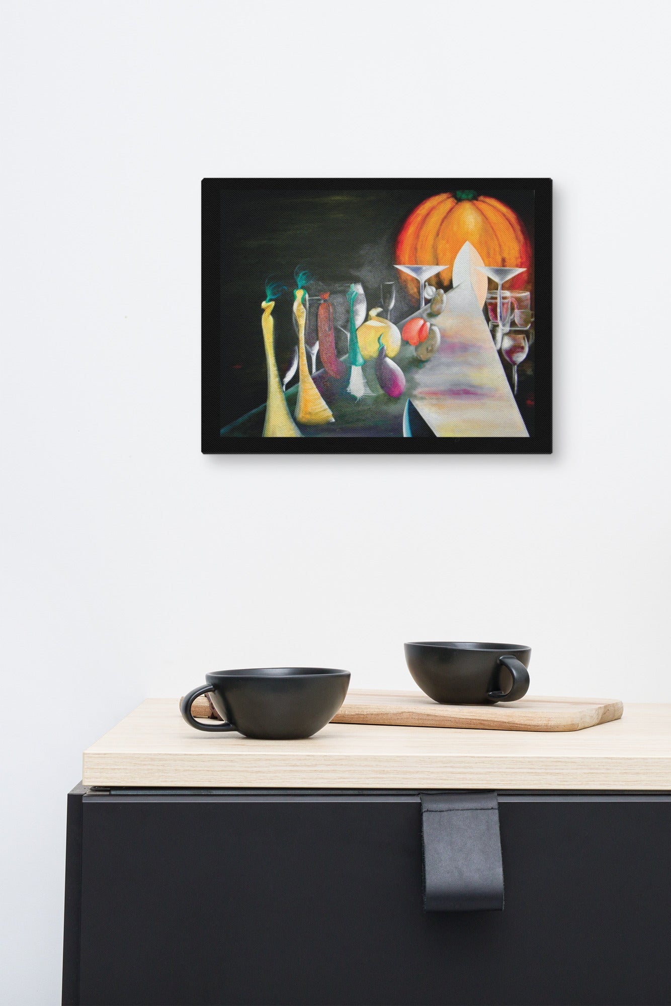 Autumn Runway canvas art featuring elegant fashion silhouettes, glassware, and a glowing pumpkin centerpiece.