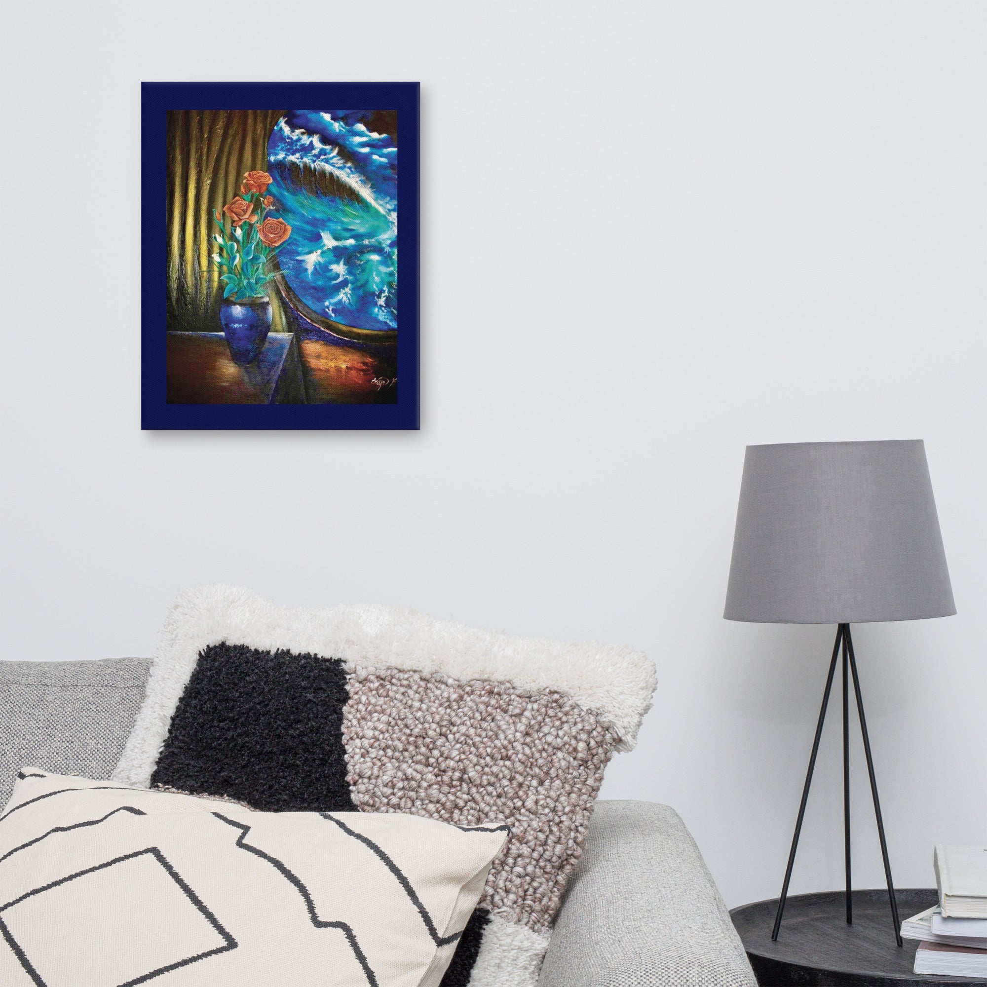 Premium blue canvas wall art with dramatic ocean waves