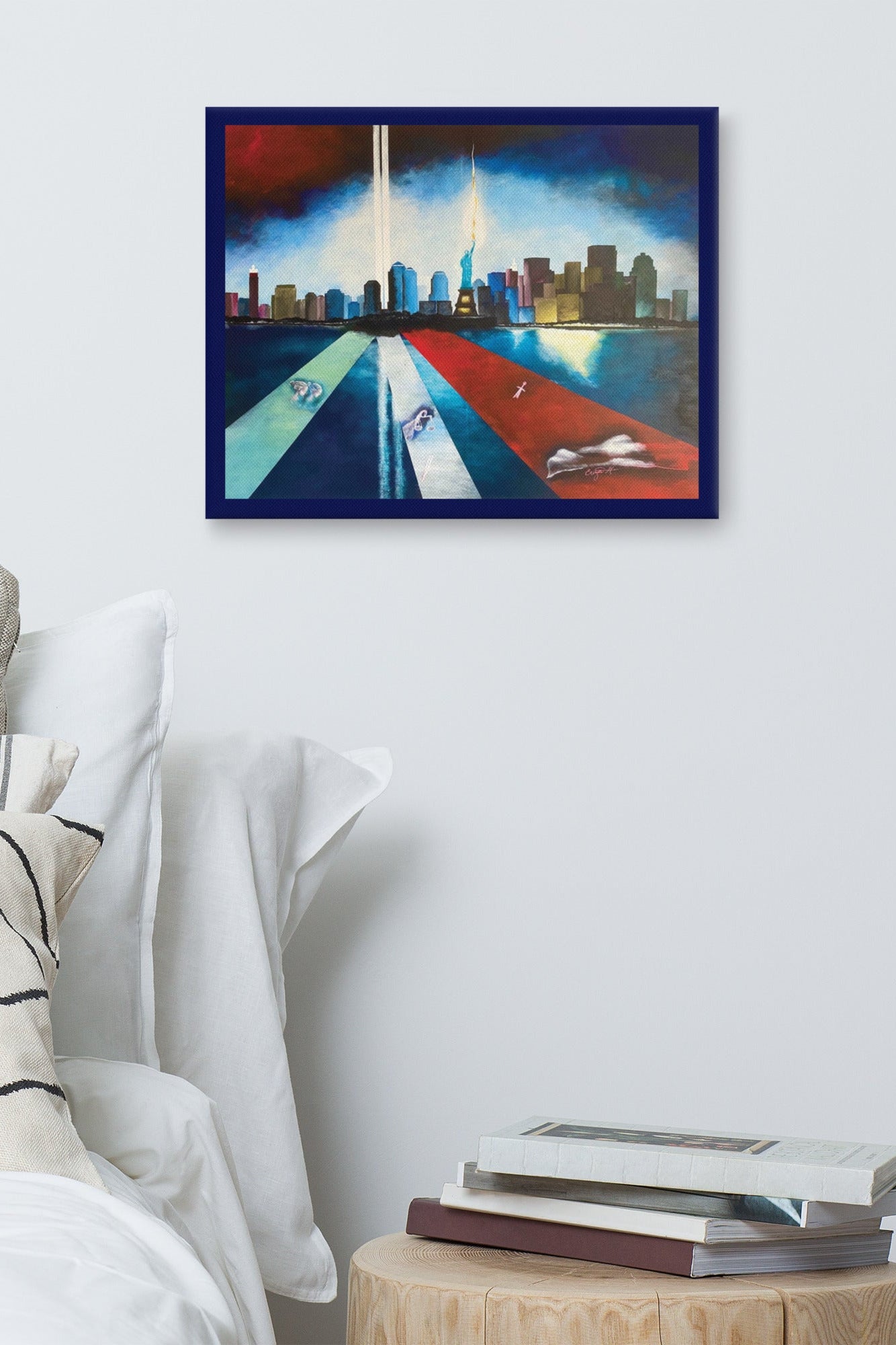 New York Twin Towers Never Forget canvas art featuring tribute lights above the Manhattan skyline.