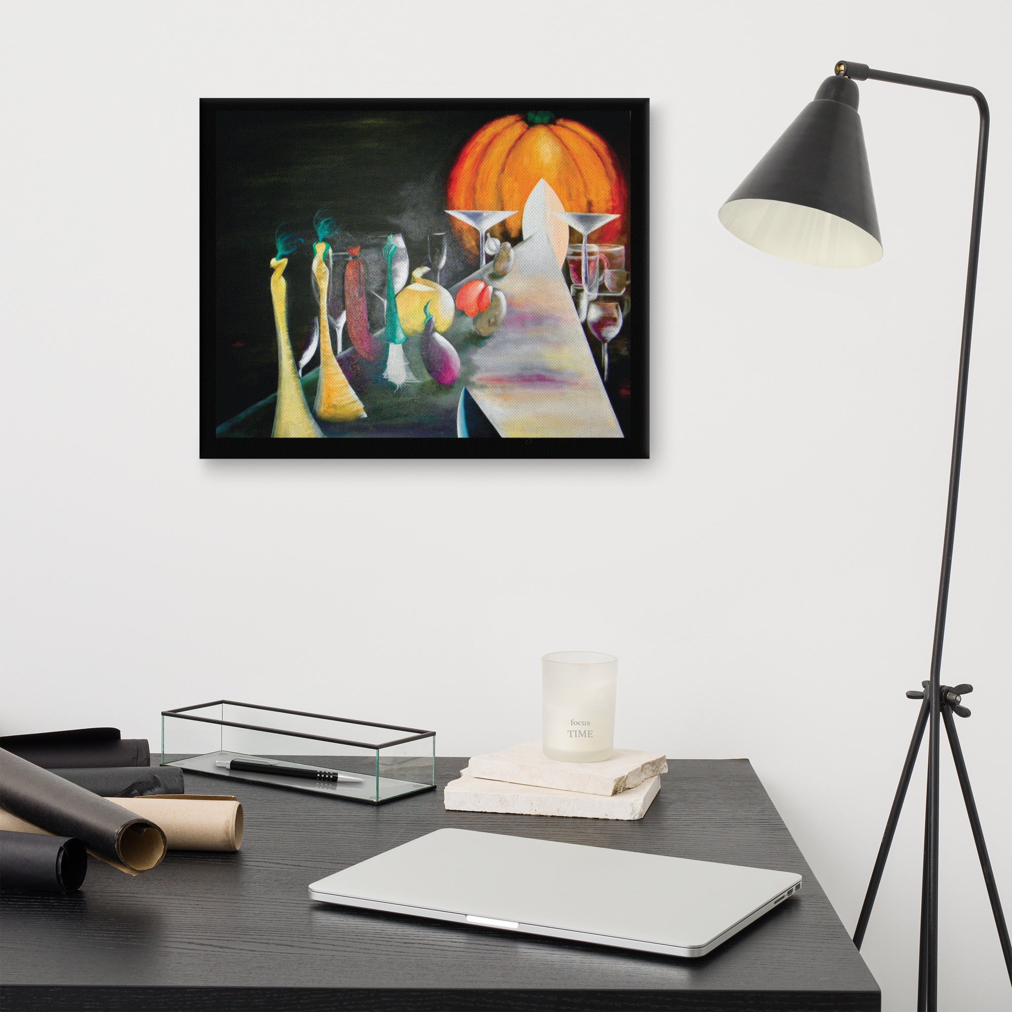 Fine art canvas depicting an abstract runway surrounded by wine glasses, autumn harvest imagery, and stylish figures.
