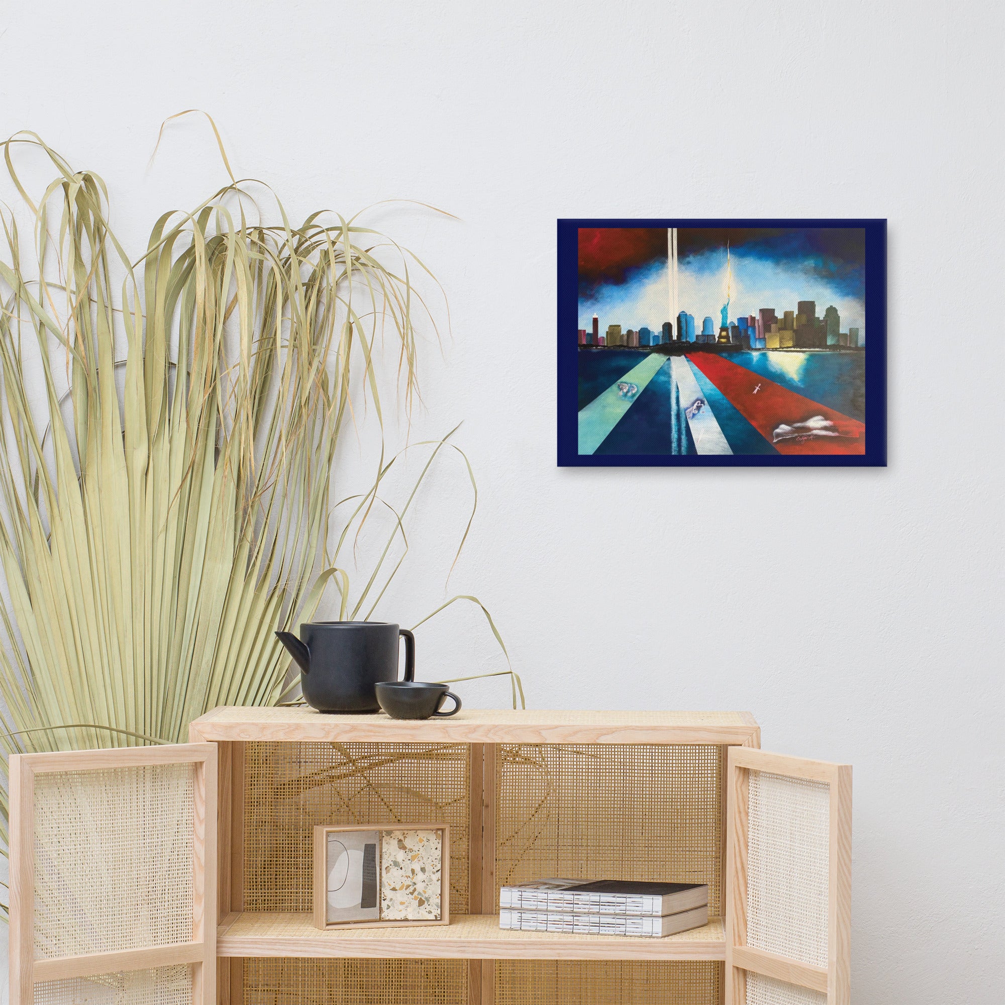 Inspirational Twin Towers tribute wall art with dramatic skyline reflections.