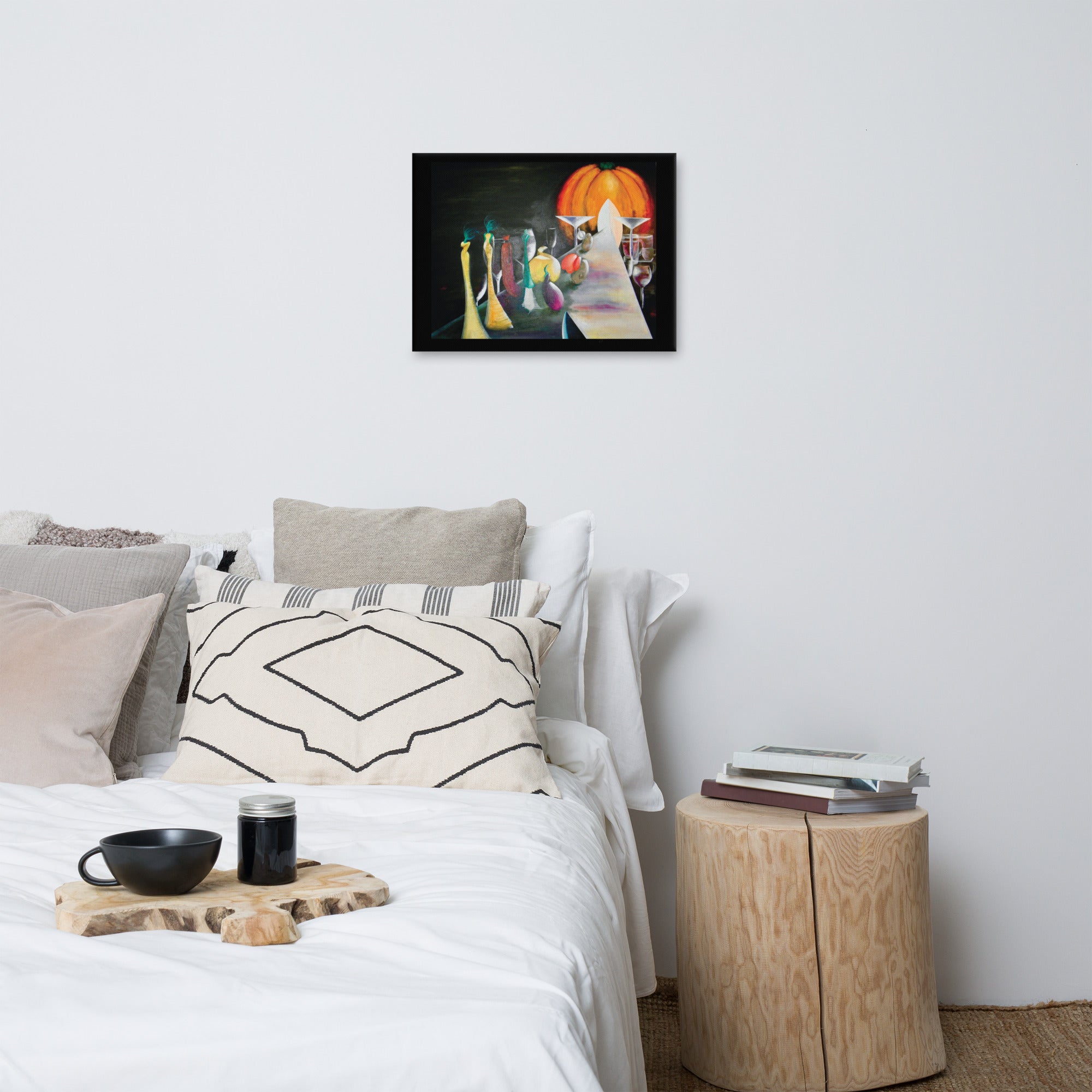 Modern wall art showcasing a symbolic fashion runway leading toward a vibrant autumn pumpkin.