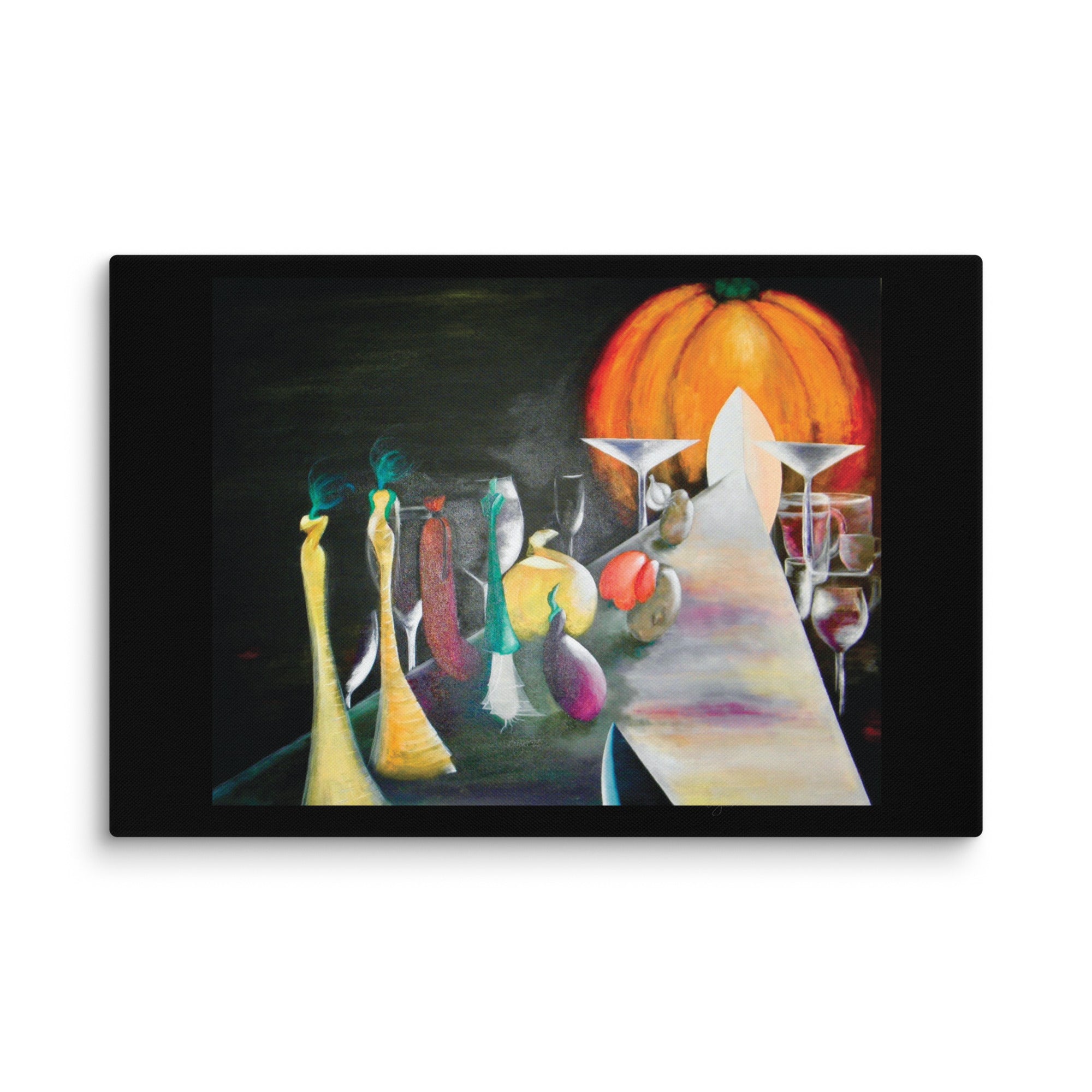Abstract canvas print blending fashion, fine dining aesthetics, and autumn harvest symbolism.