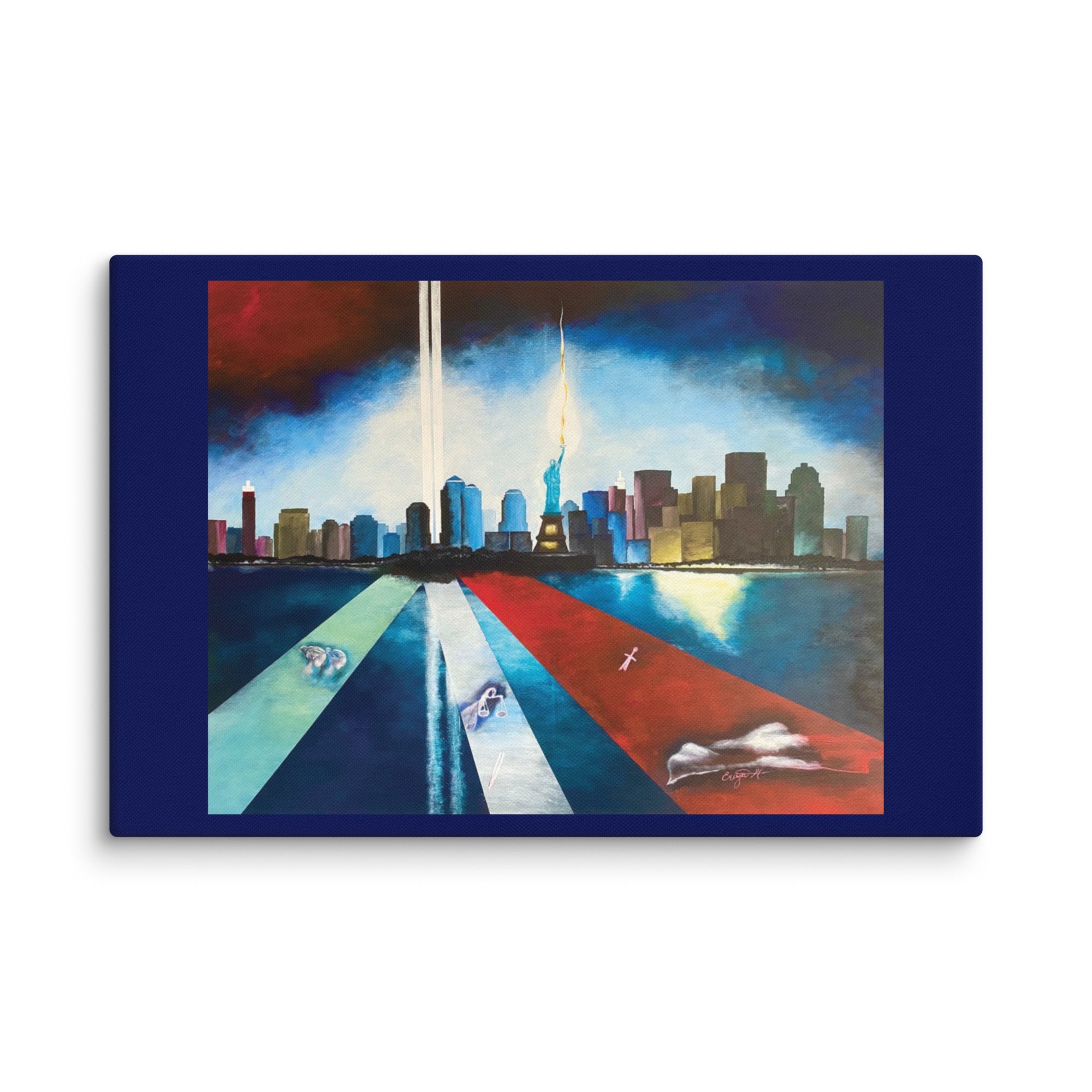Twin Towers remembrance canvas featuring the Statue of Liberty and New York harbor.
