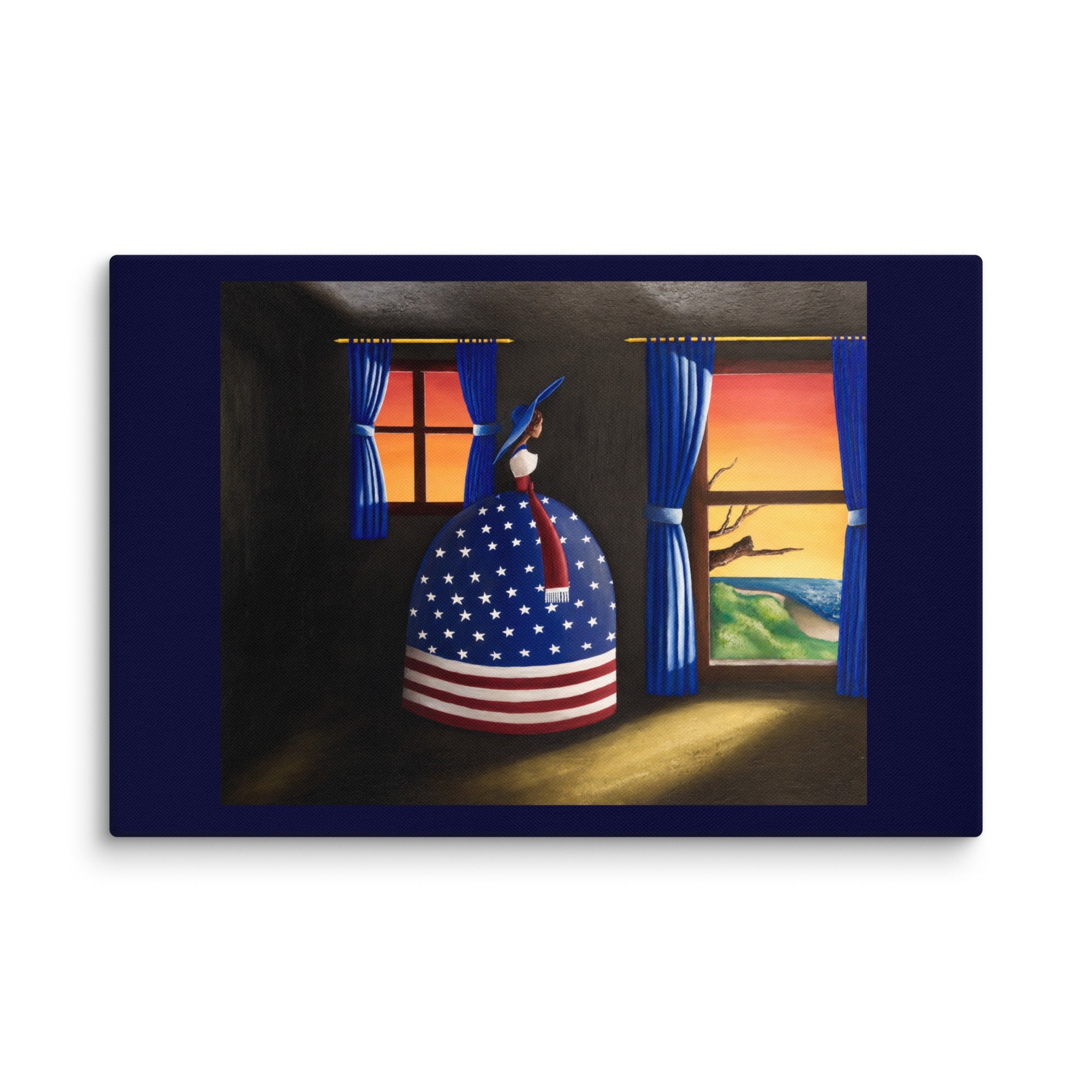 A framed art print featuring a surreal painting of a woman in a large dress decorated with the American flag, standing in a dark room with blue curtains and windows showing a sunset landscape.