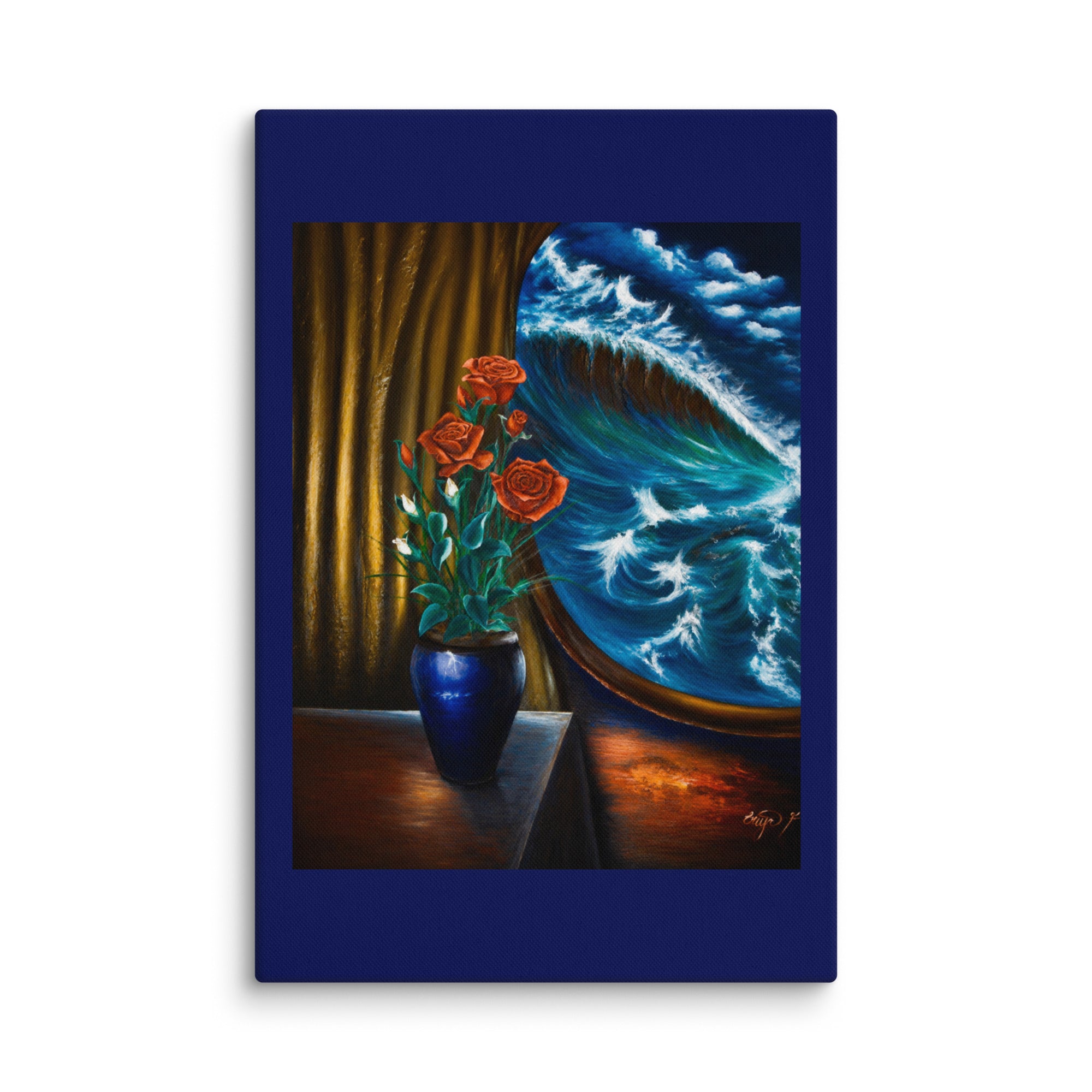 A vertical canvas art print featuring a surreal painting of red roses in a blue vase next to a giant crashing ocean wave, set against a dark blue border on a white background.