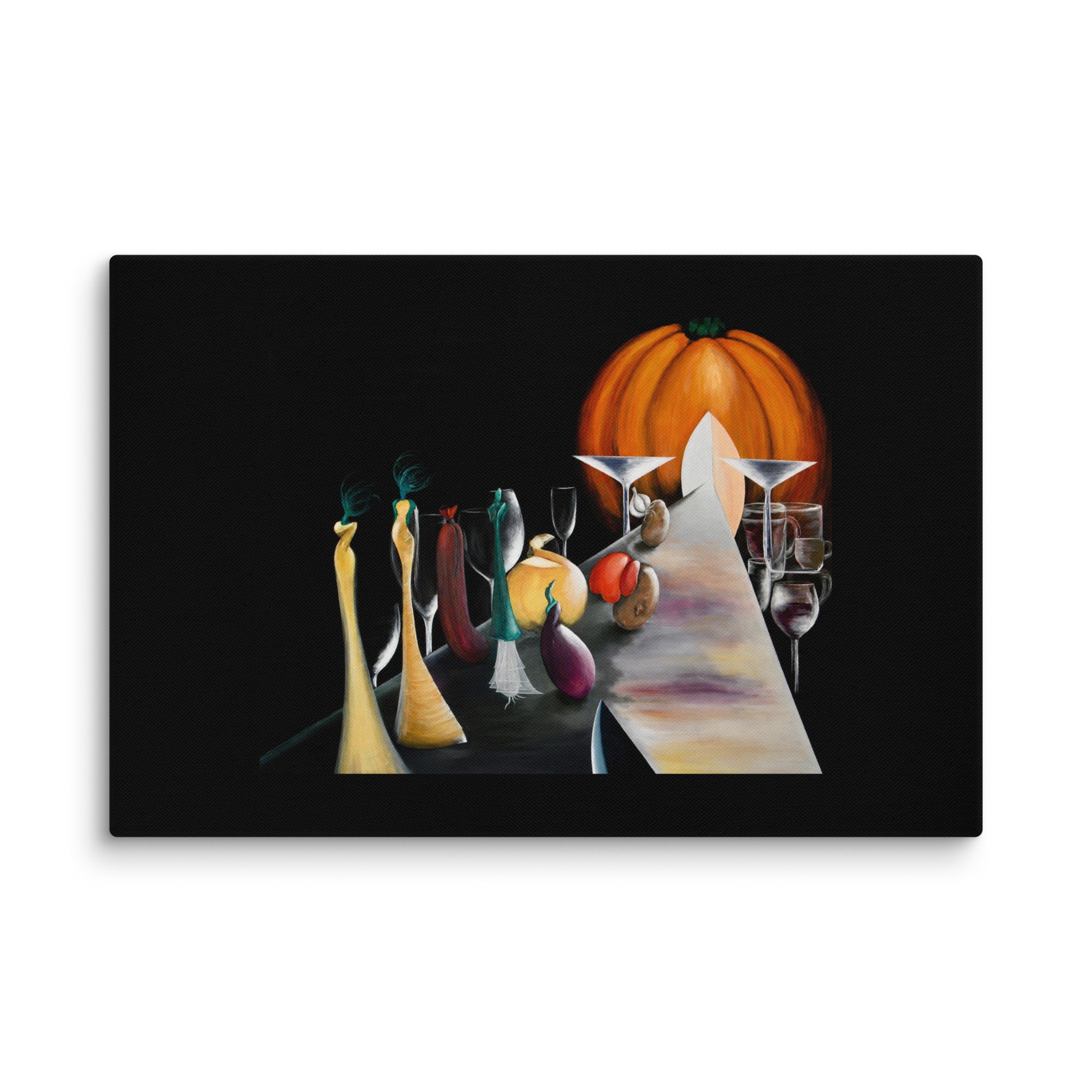 A rectangular canvas wall art print featuring a still life painting with an orange pumpkin, colorful abstract vase-like forms, wine glasses, and a knife on a black background, shown against a light gray studio backdrop.