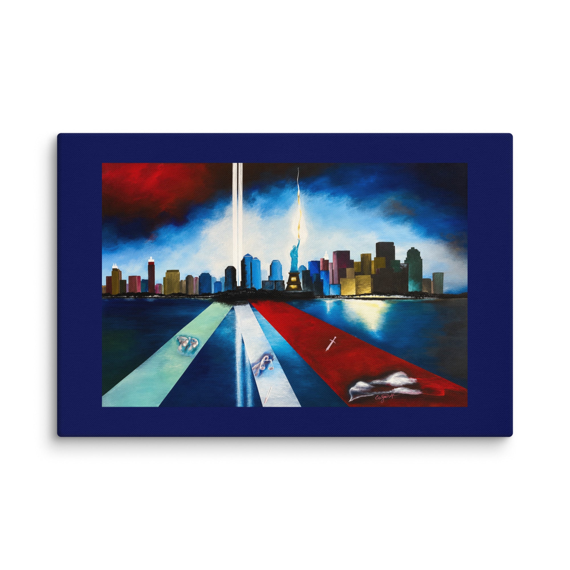 A rectangular canvas wall art print featuring a stylized city skyline with the Twin Towers visible, set against a dark blue border. The artwork includes dramatic red, white, and blue sections with reflective water and a bright light beam reaching toward the sky.