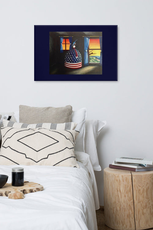 Americana-inspired canvas art in cozy modern apartment