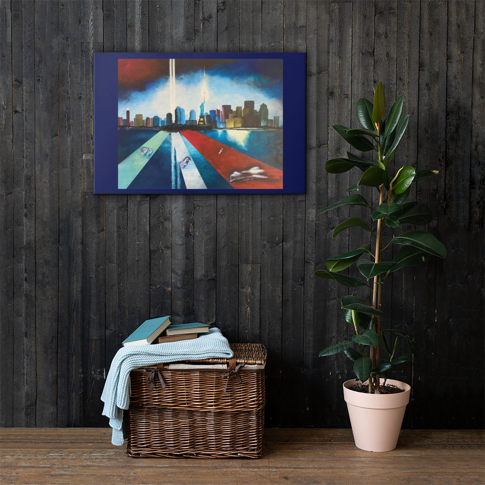 Artistic New York skyline wall art honoring the memory of the Twin Towers.