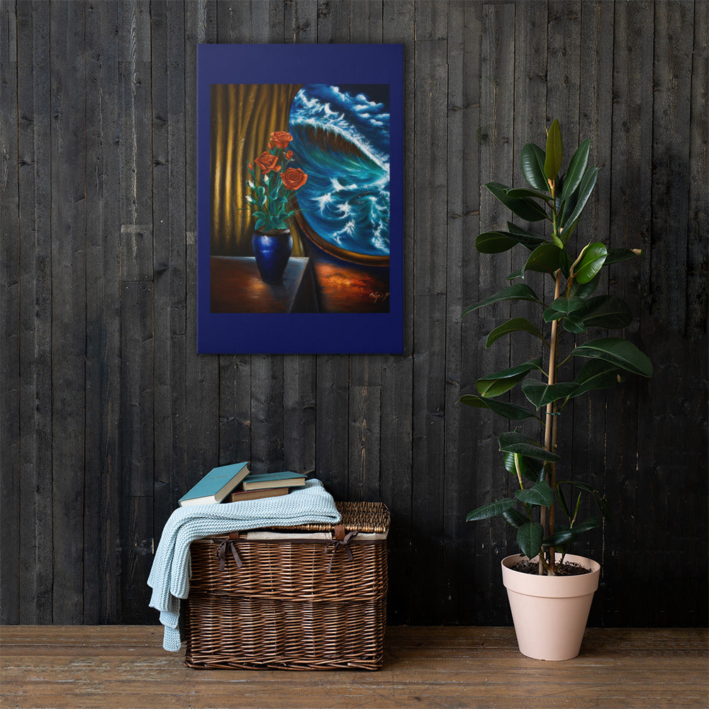 A framed vertical art print depicting a still life with a blue vase of red flowers and a blue boat on the water, hung on a dark wood-paneled wall above a wicker basket and next to a potted plant.