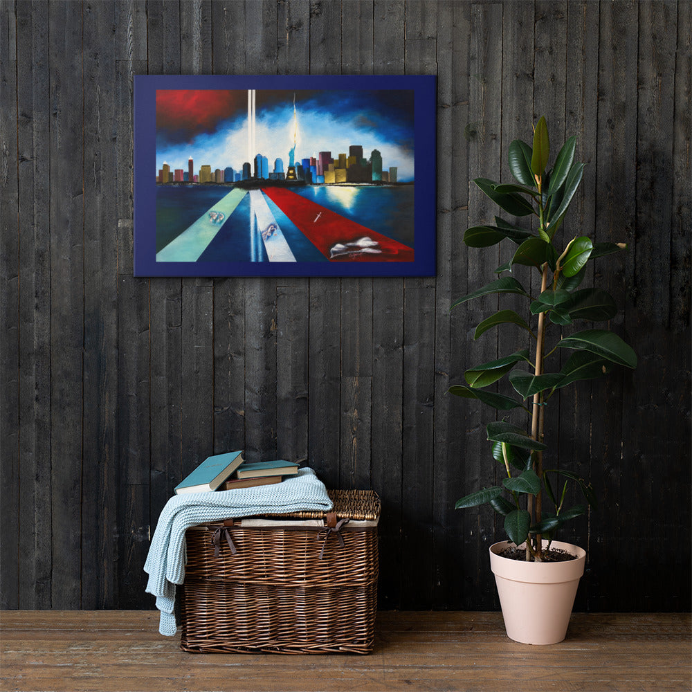 A framed canvas art print depicting a city skyline with two vertical jet beams of light, hung on a dark wood-paneled wall above a wicker basket and next to a potted plant.