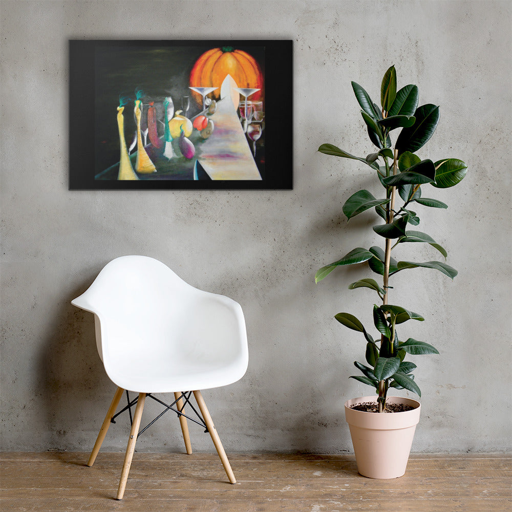 Artistic autumn painting with elegant silhouettes, reflective glassware, and rich seasonal tones on canvas.