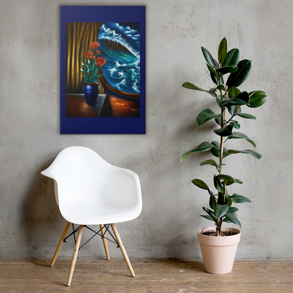 A framed painting of a blue ocean wave and red flowers in a vase, displayed on a gray concrete wall above a white chair and next to a potted plant.