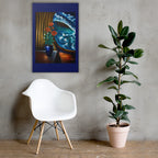 A framed painting of a blue ocean wave and red flowers in a vase, displayed on a gray concrete wall above a white chair and next to a potted plant.
