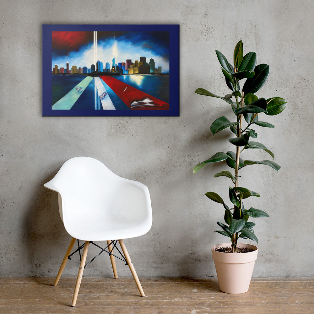 A framed canvas print of a city skyline with a red and blue sky, hanging on a textured gray concrete wall above a white molded chair and a potted fiddle-leaf fig plant.