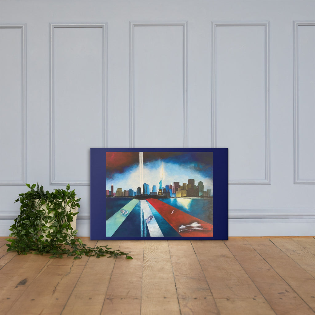 Memorial canvas print showcasing the New York City skyline and Twin Towers tribute beams.