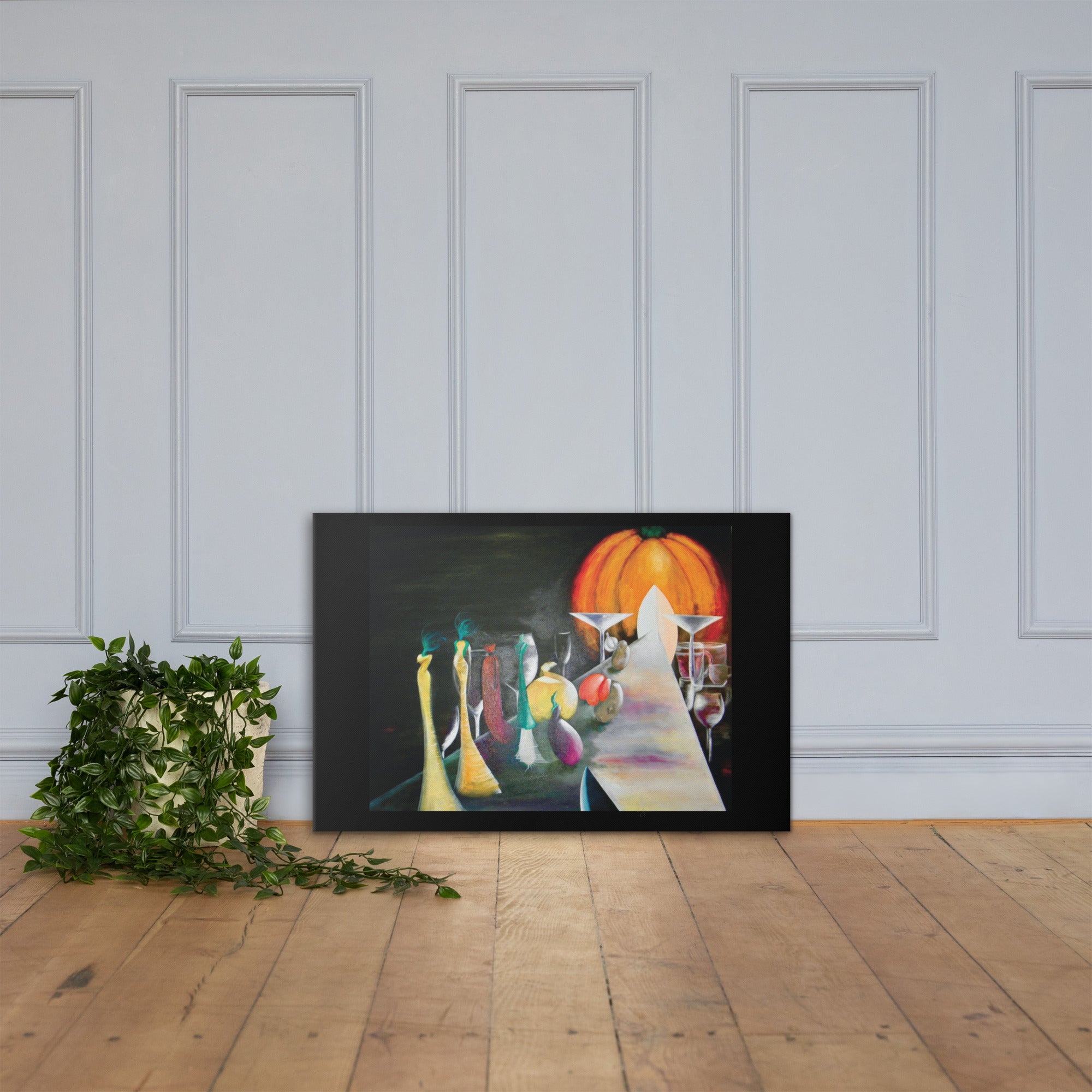 Fashion-inspired canvas artwork featuring abstract models, a harvest scene, and contemporary design elements.