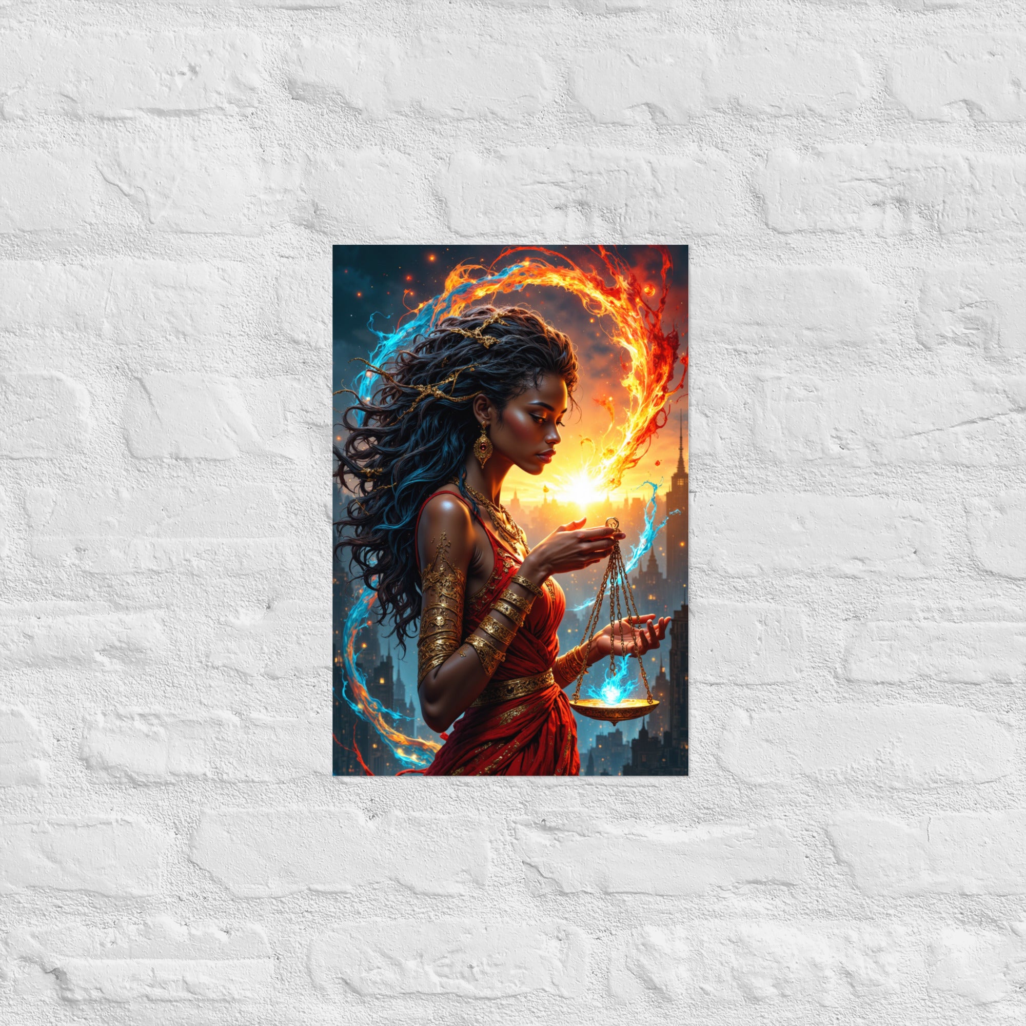 Fire and ice elemental art featuring a beautiful black queen.