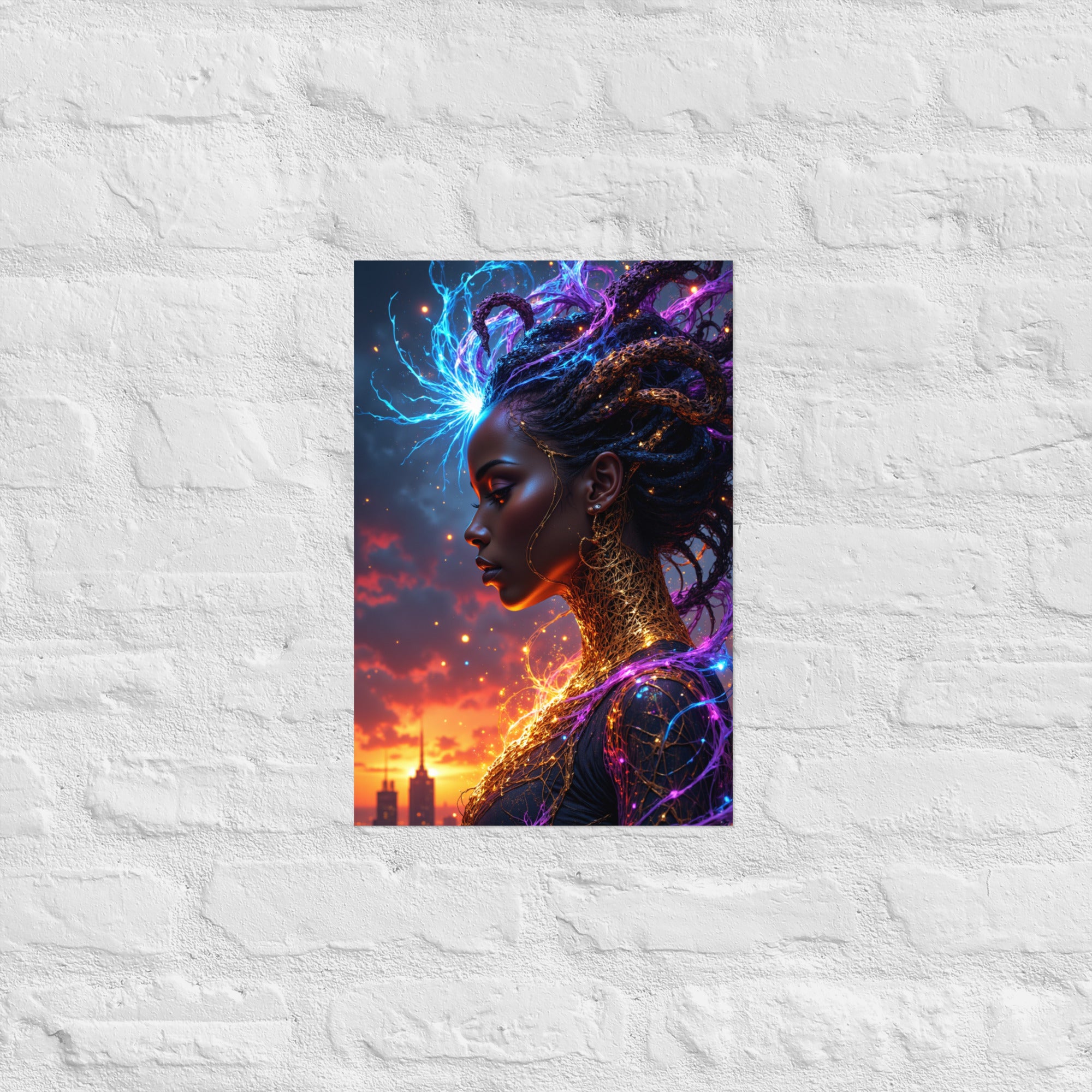 Ethereal woman in a sunset setting with vibrant purple energy tendrils and golden light accents.