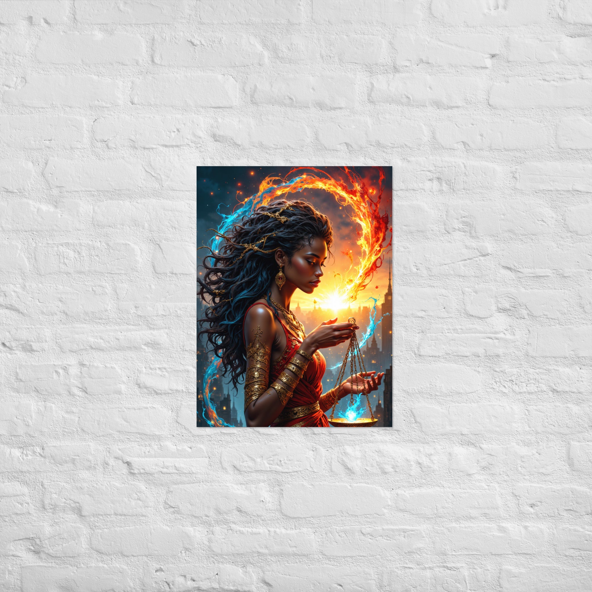 Libra zodiac goddess holding golden scales fantasy art.