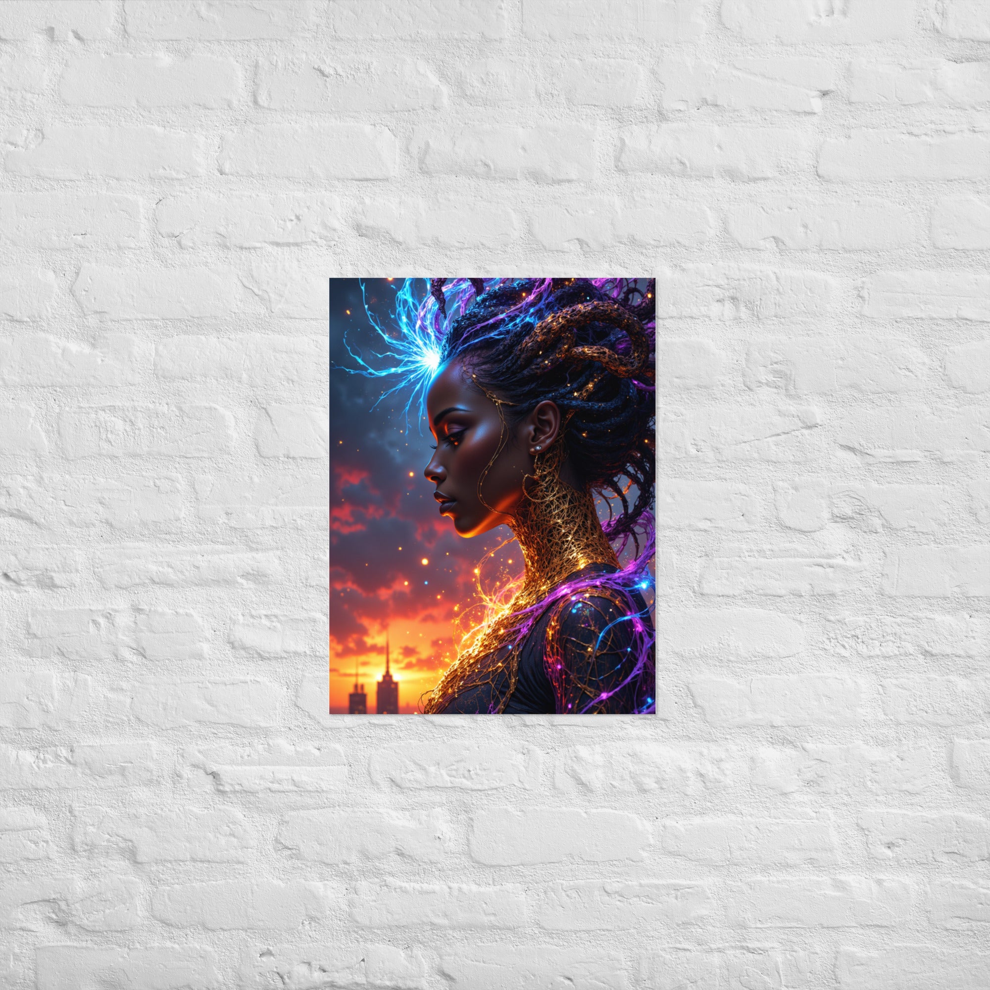 Close-up of a futuristic goddess figure with intricate gold detailing and glowing mystical energy.