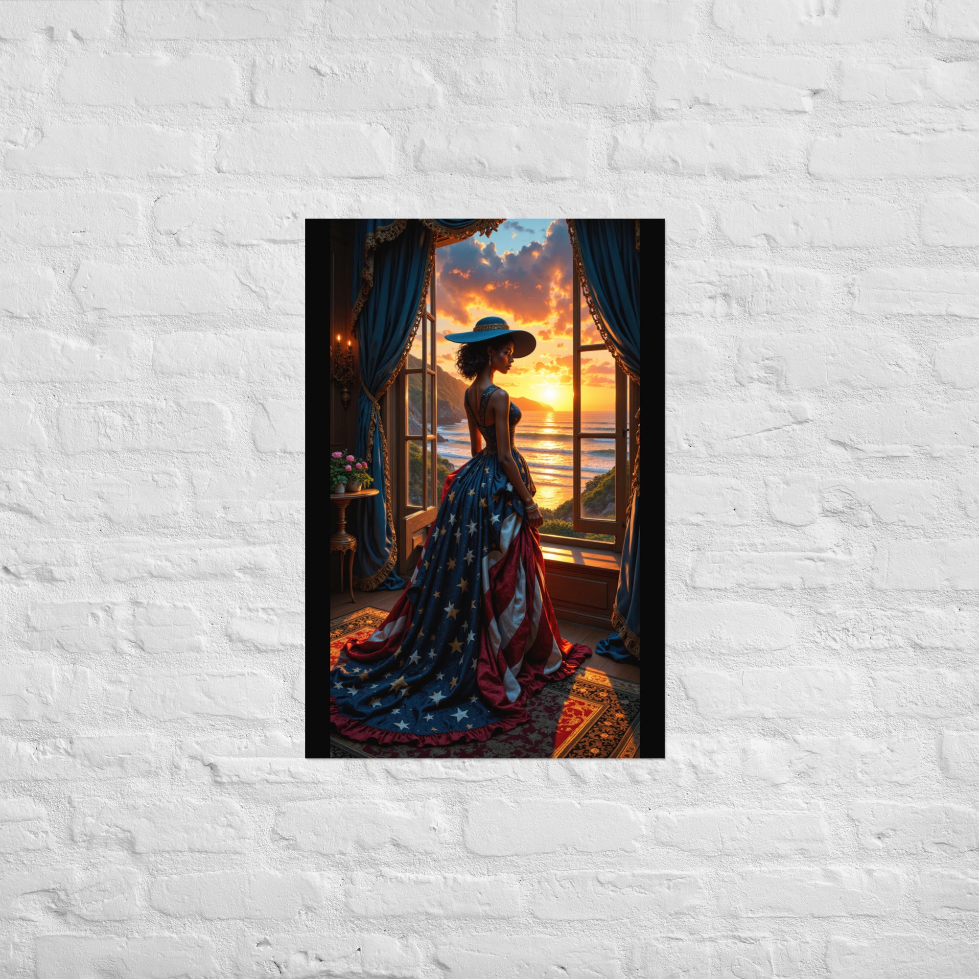 woman standing by window at sunset art poster