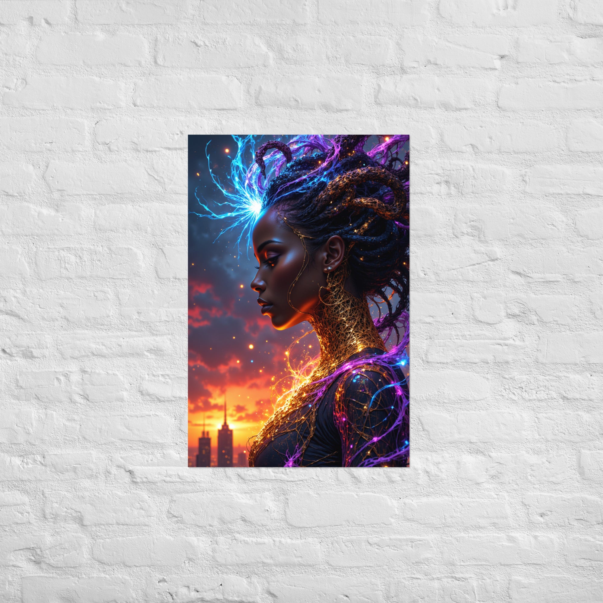 Cinematic fantasy art depicting a woman with cosmic hair and a backdrop of a warm sunset.