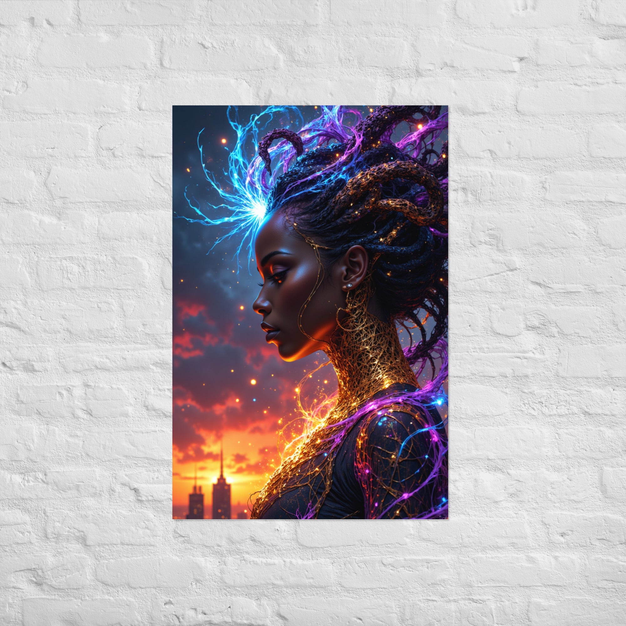 Surreal portrait of a woman with electric energy flowing from her forehead and golden light patterns.